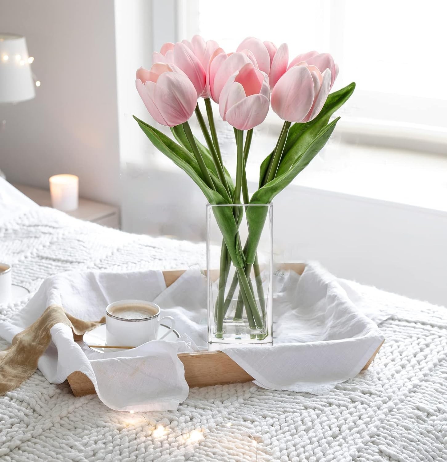 Pink Artificial Tulip Flower Fake Flowers Clear Vase Real Touch Arrangement