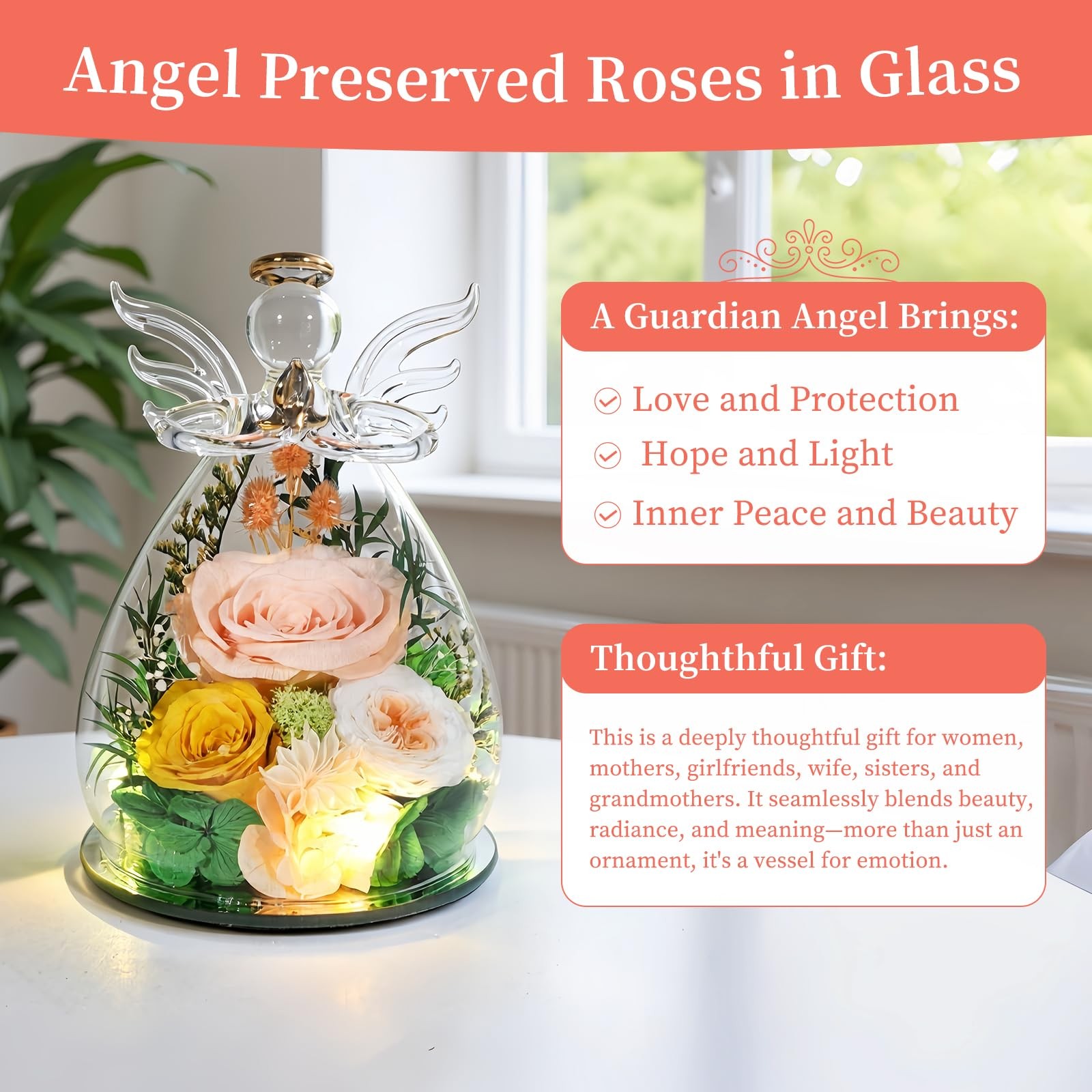 Preserved Rose Gifts for , Forever Flowers Eternal Roses in Glass Angel Figur…