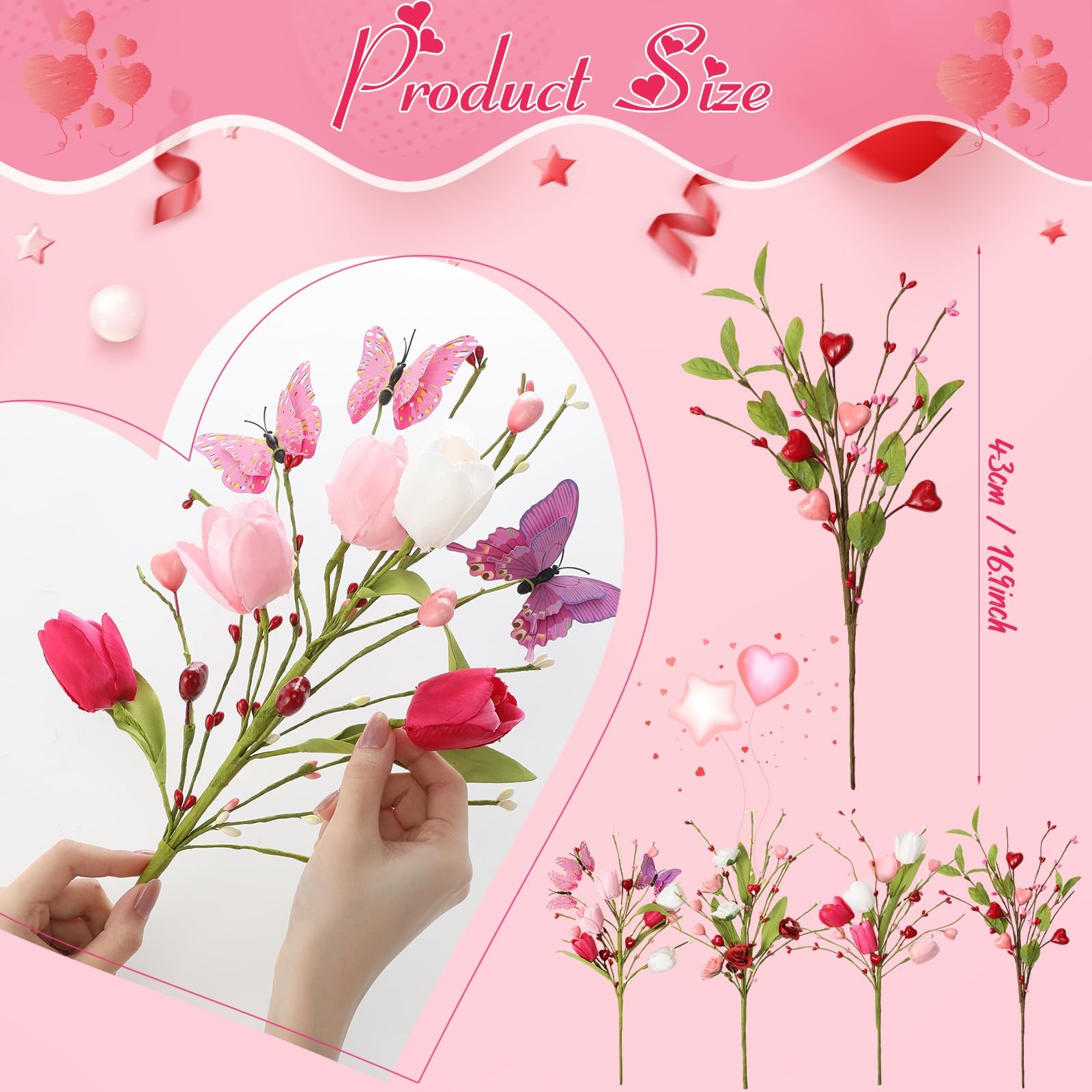 12 Pack Artificial Flower Decor, Tulips & Roses Bouquets with Butterfly Heart…