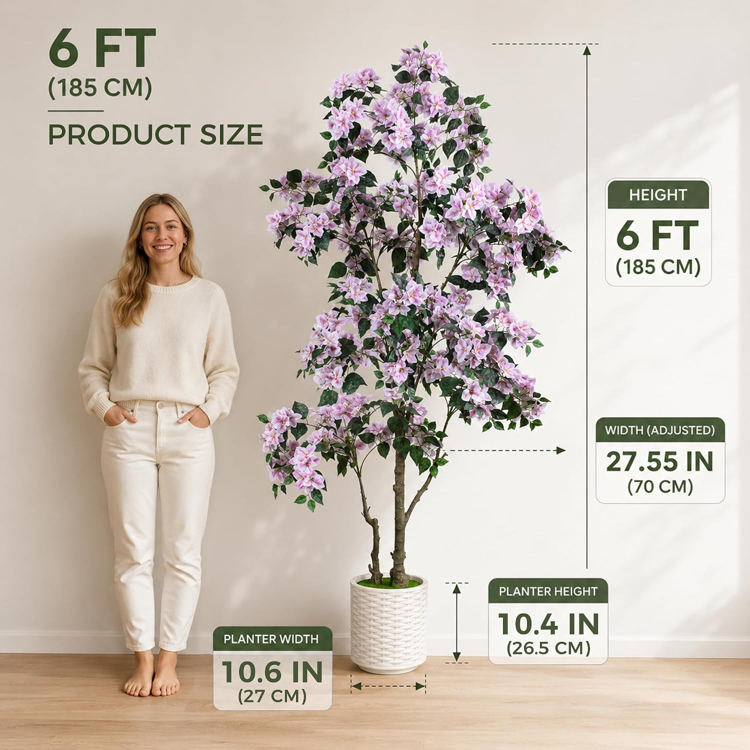 6FT Artificial Bougainvillea Tree with Realistic Light Pink Silk Flowers, Real T