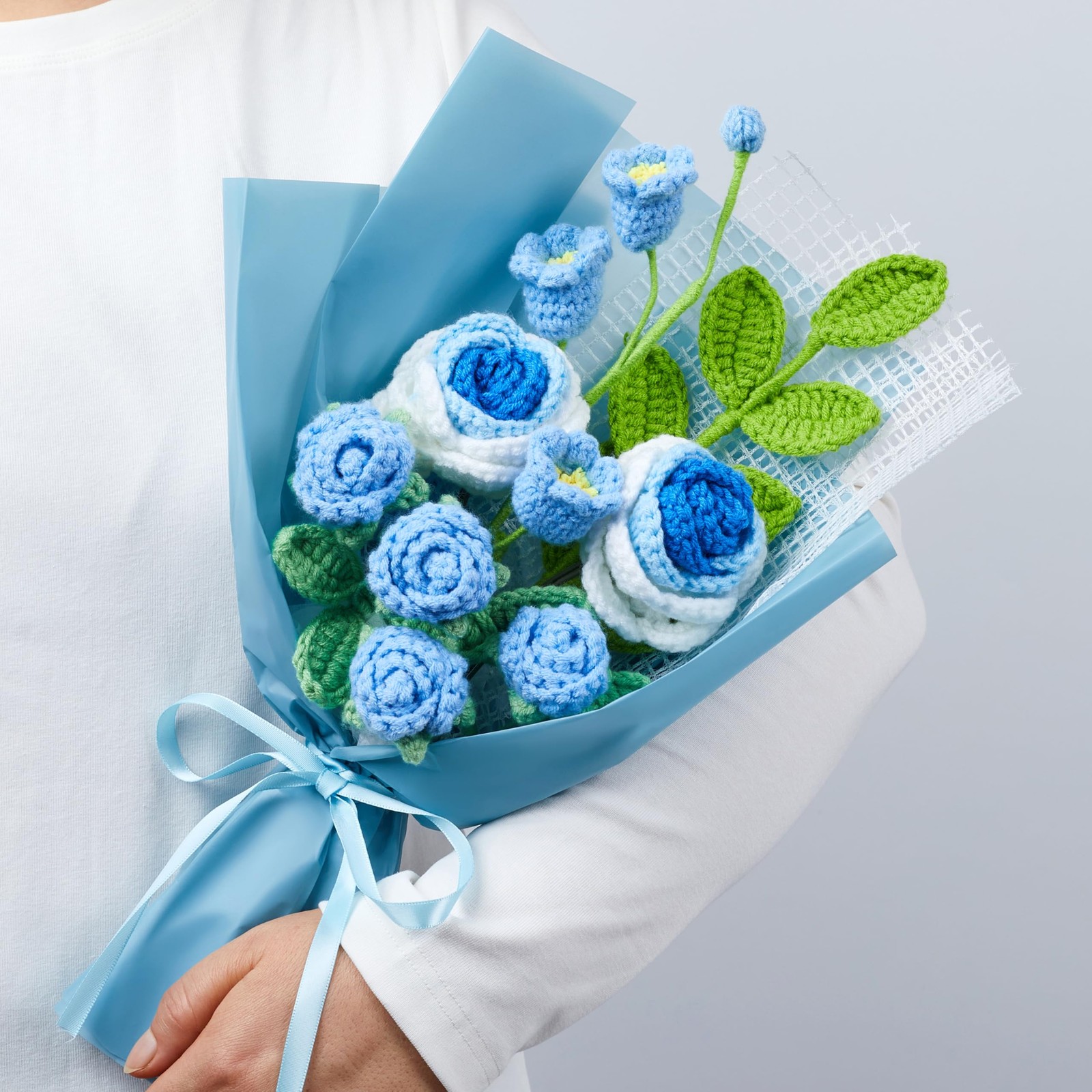 Crochet Flower Bouquet Blue Roses and Lily of the Valley Bouquet for Her, Han…