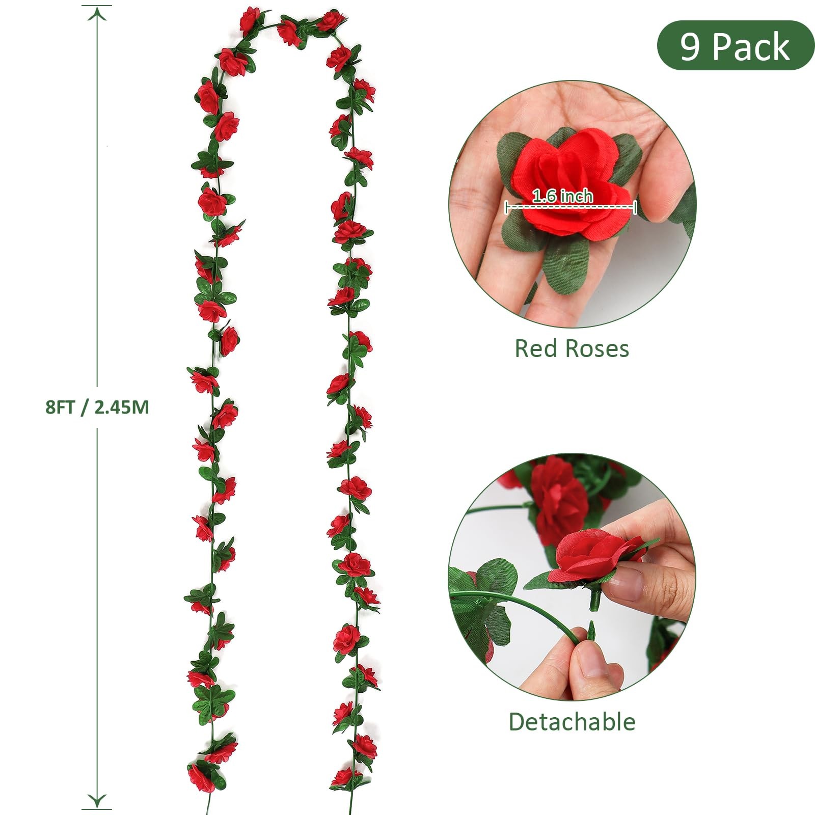 9 Pack 72 FT Artificial Flower Garland, Fake Red Roses Vines Silk Flowers Fau…