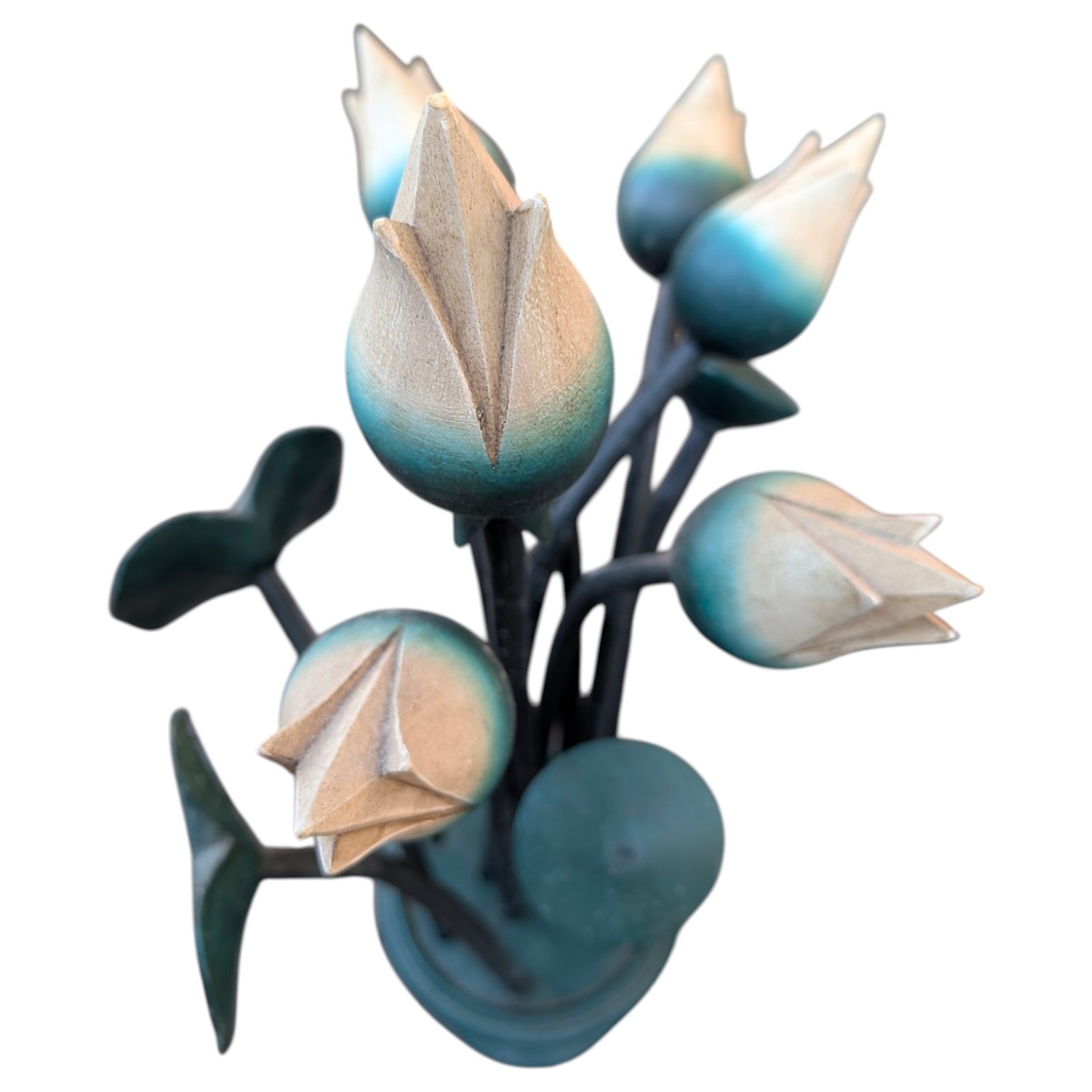 Vintage Mid Century Green Hand Carved Wooden Tulip On A Wooden Flower Frog Base