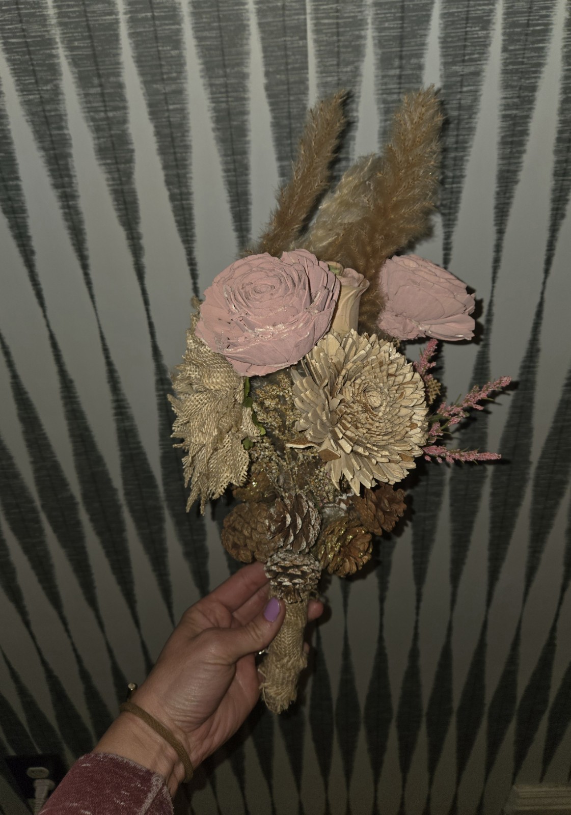 Boho Dried Floral Bouquet Rustic Burlap & Pampas Sola Wood Flowers Home Decor