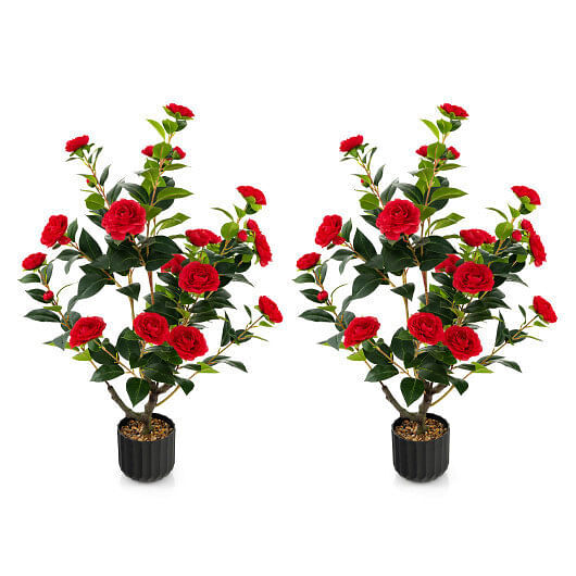 38 Inch Artificial Camellia Tree Faux Flower Plant in Cement Pot 2 Pack-Red – Co