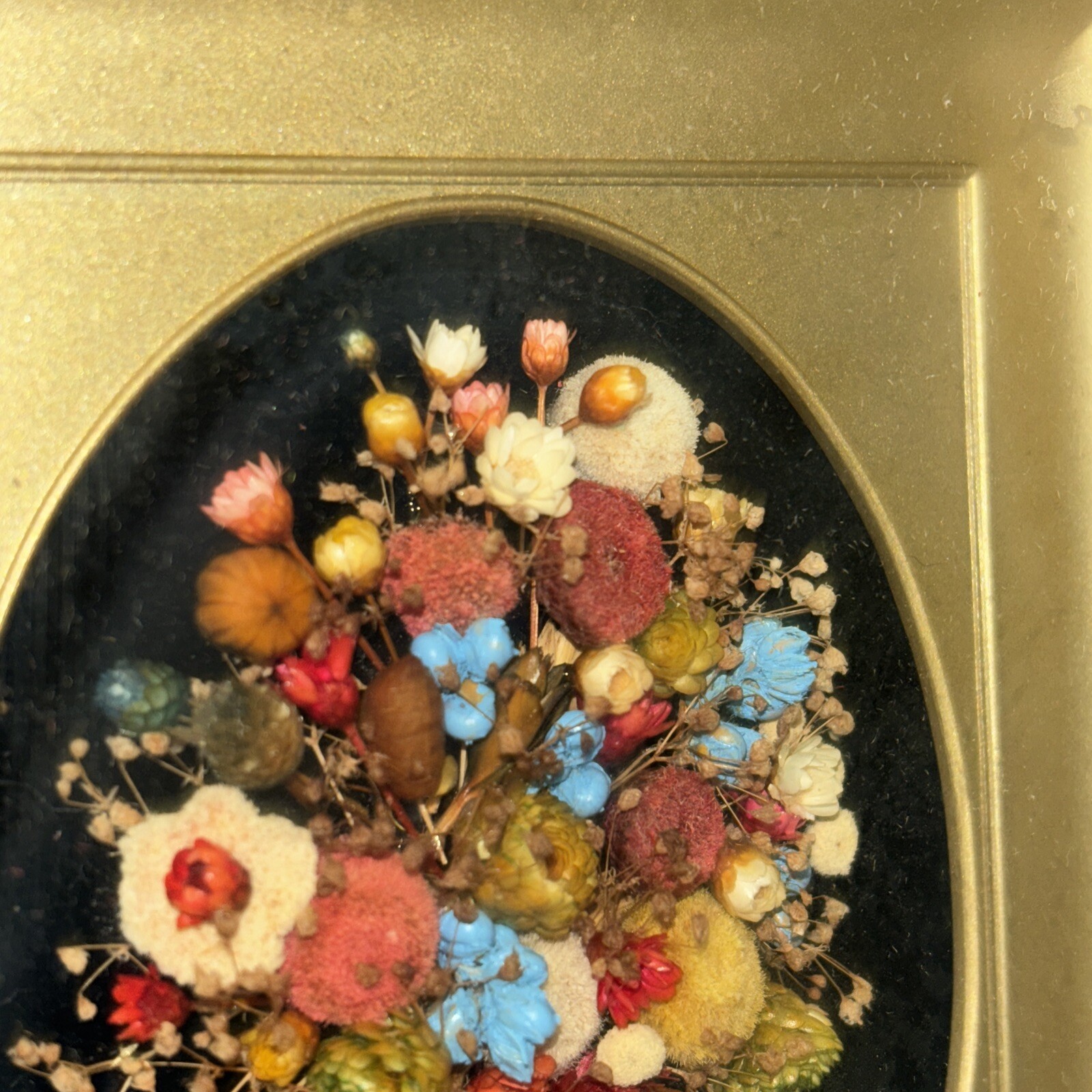 Vintage Pressed Dried Miniature Bouquet Art Velvet Gold Toned Frame MCM Cottage