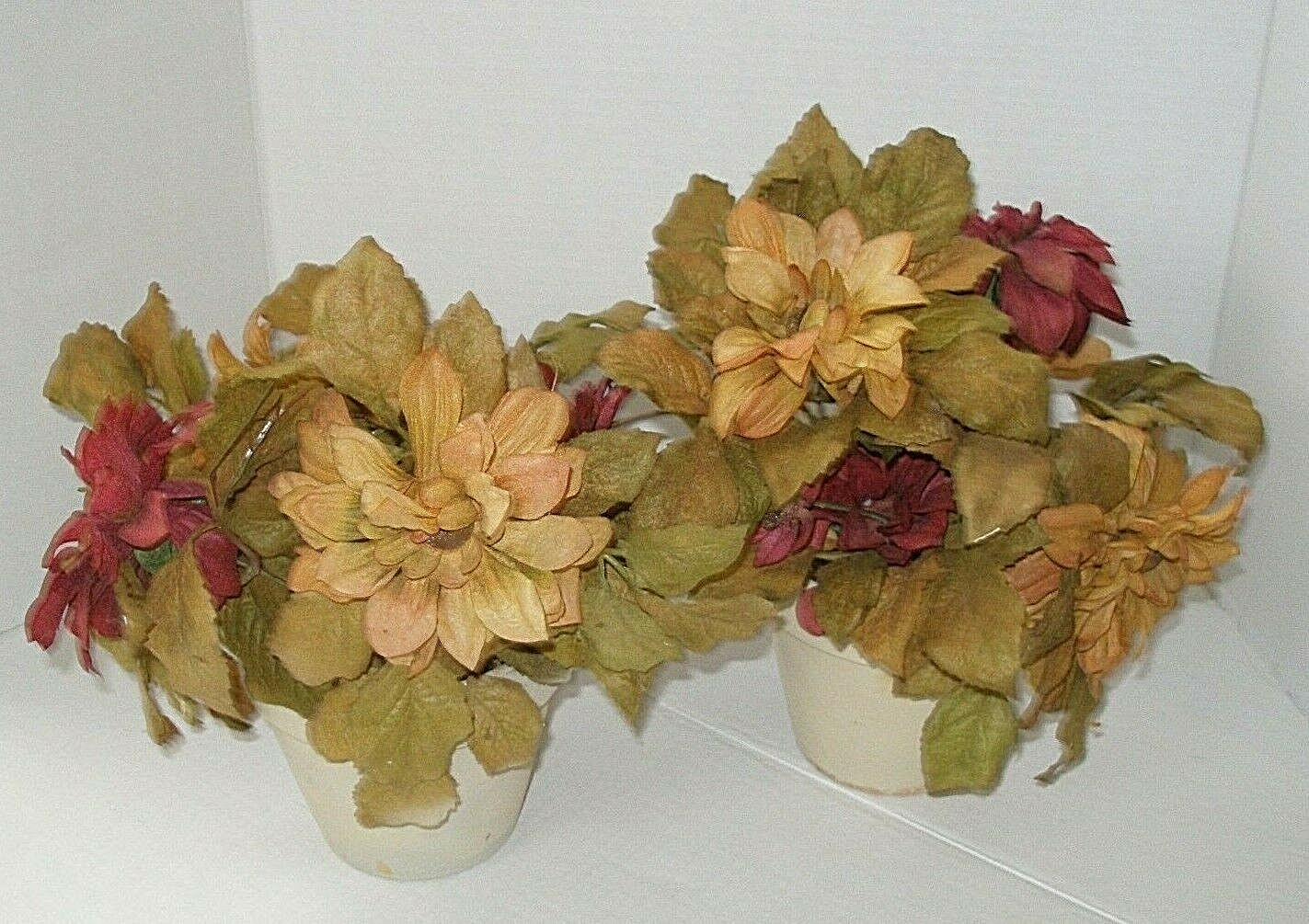 Pailr of Planters with Silk Flower Arrangements Fall Colors Burgundy Mustard New