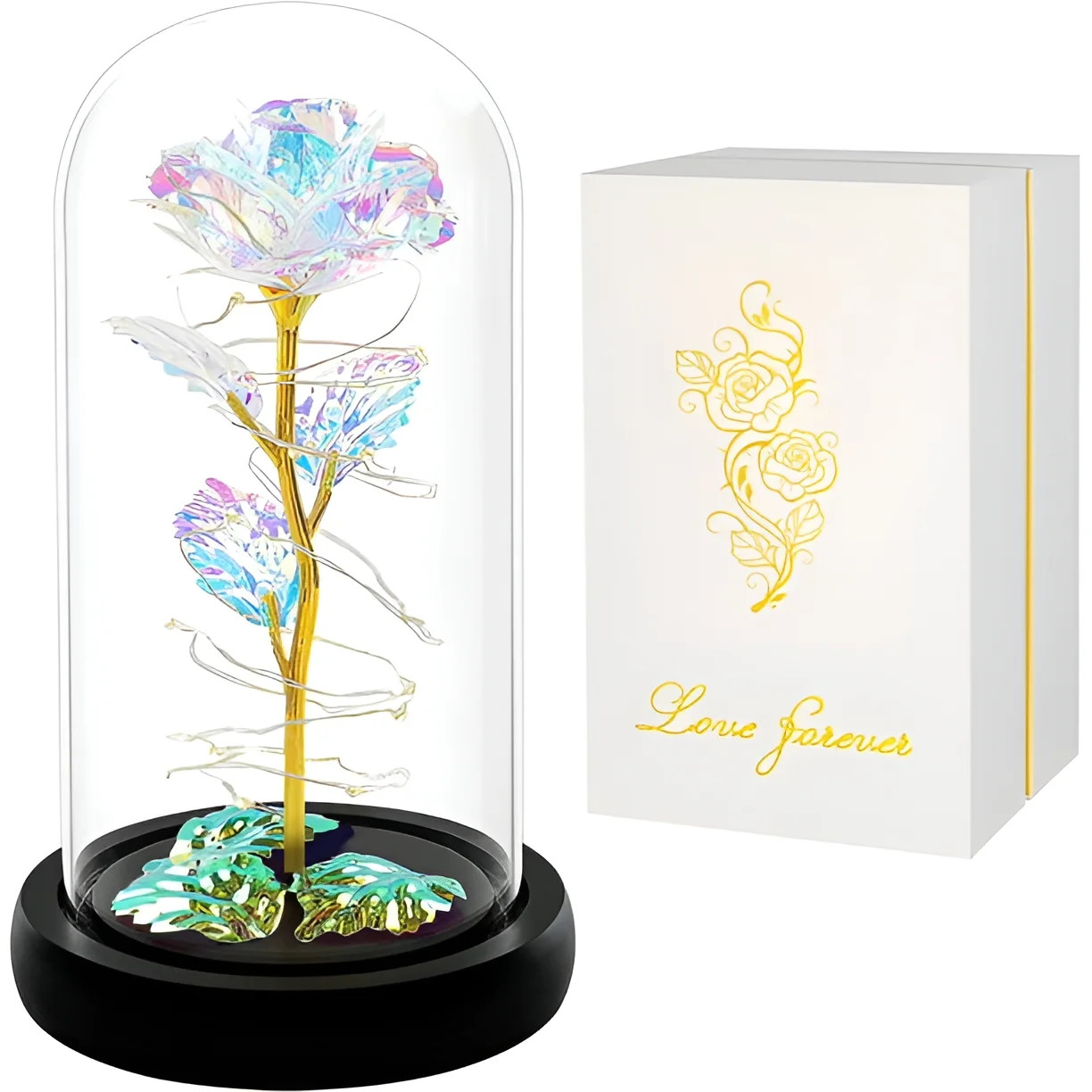 Childom Artificial Flower Rose Light Multicolor Glass Dome 5×8.7″ w/ LED Lights
