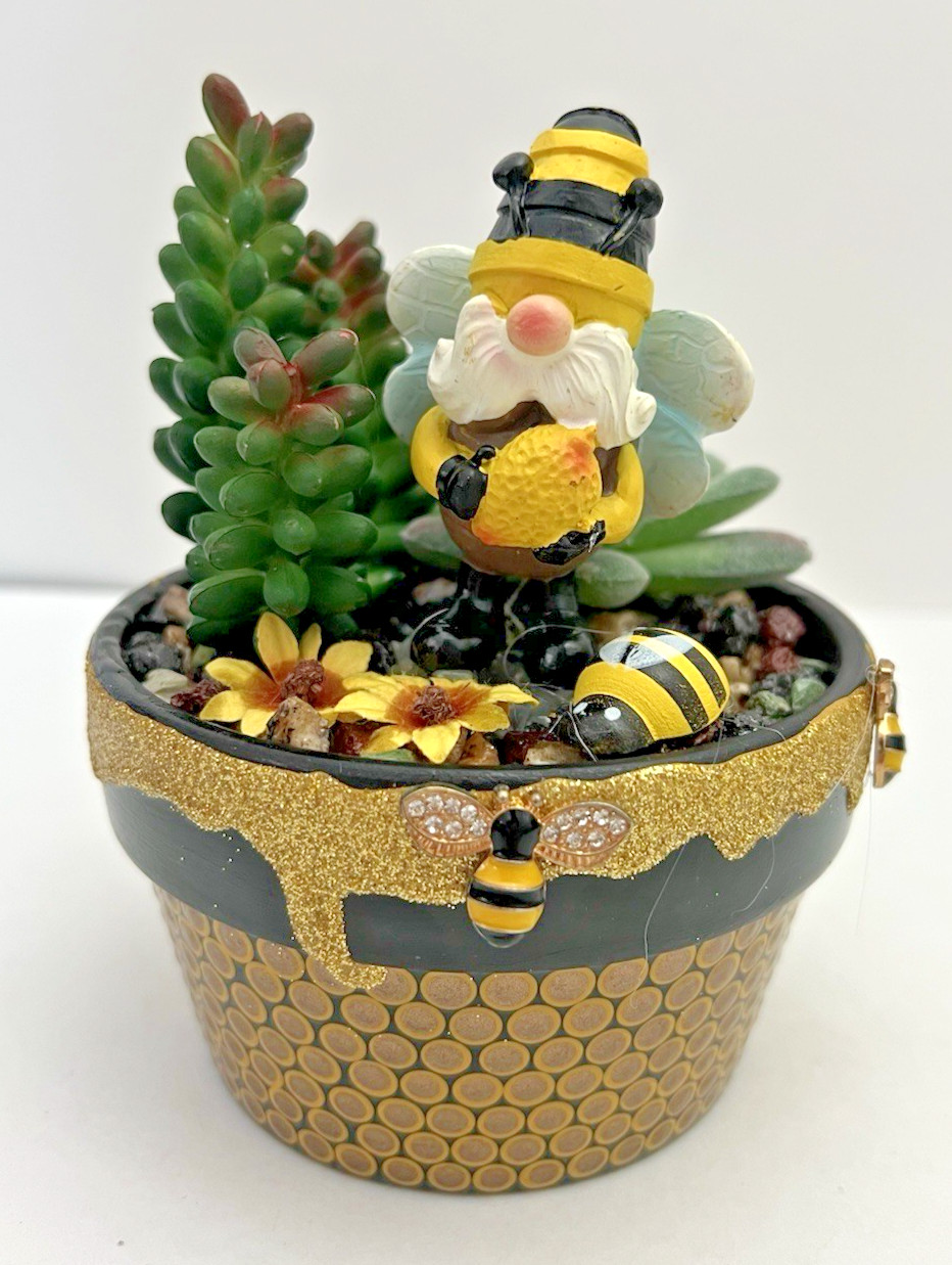 Handmade Gnome Planter Pot Fake Cactus Bumble Bee Theme Artificial Succulent