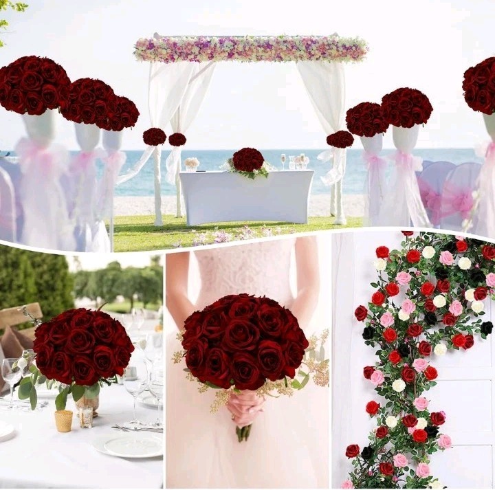 50pcs Fake Burgundy Roses Bulk, Red Roses Artificial Flowers .