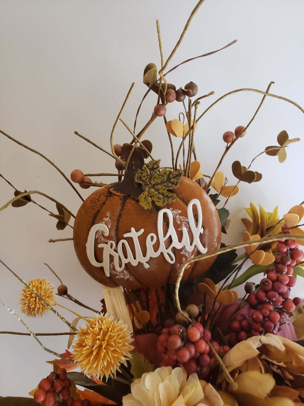Fall Harvest Floral Arrangement w/Grateful Pumpkin Sign Thanksgiving Centerpiece