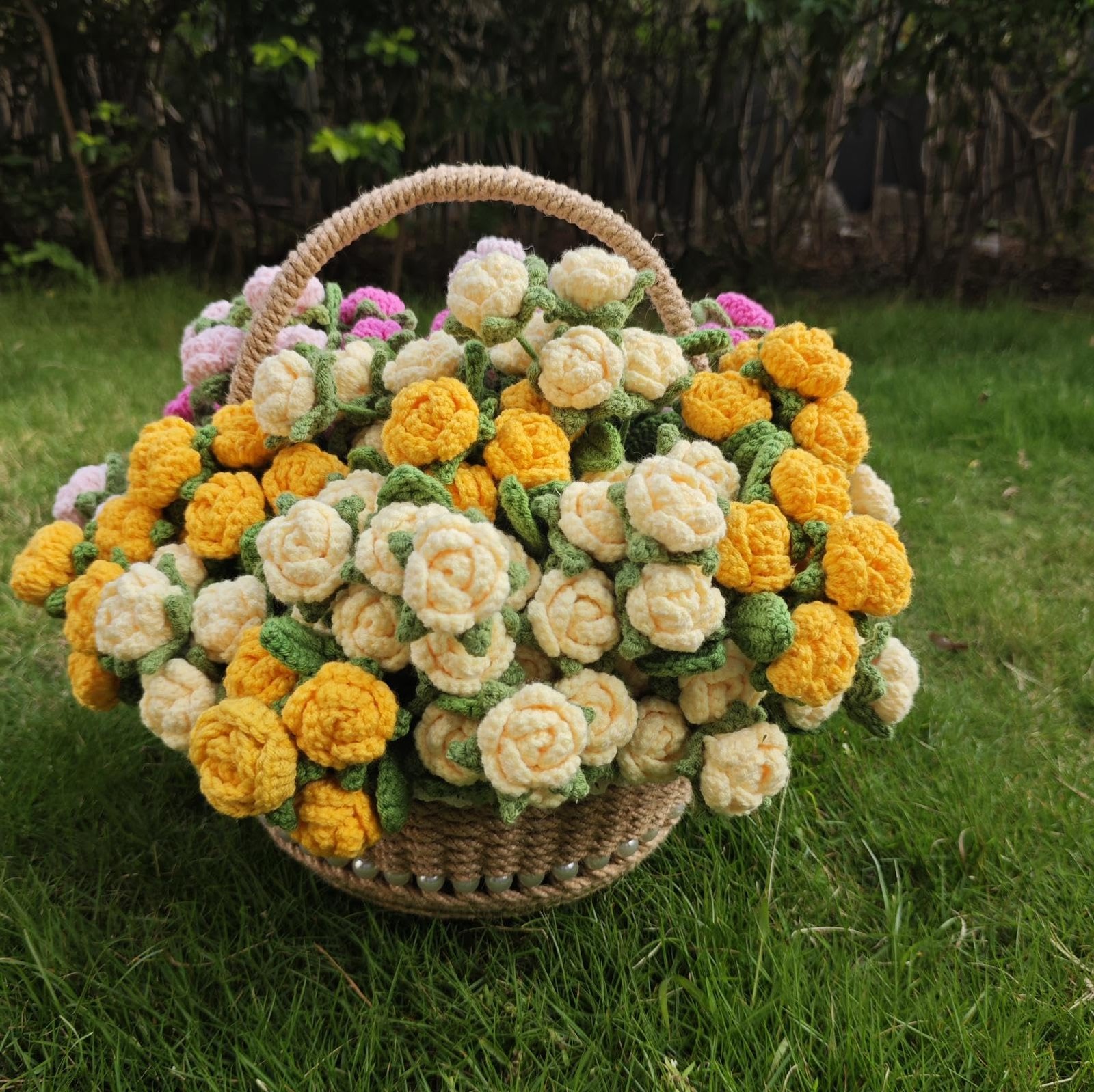 Crochet Red Roses Artificial Flowers Bouquet with Knitted Flower Vase Mothers…