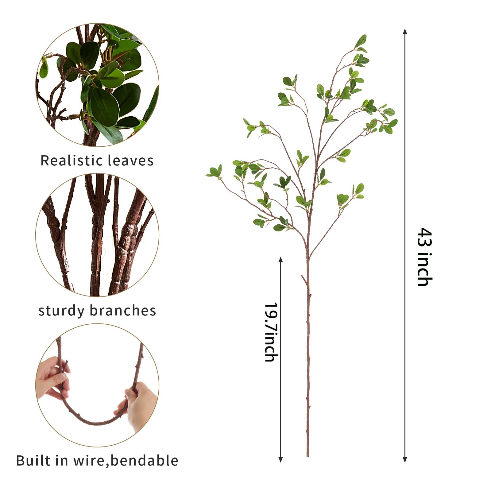 4Pcs Realistic Artificial Greenery Stems – 43″ Faux Branches for Vase,Tall Fa…