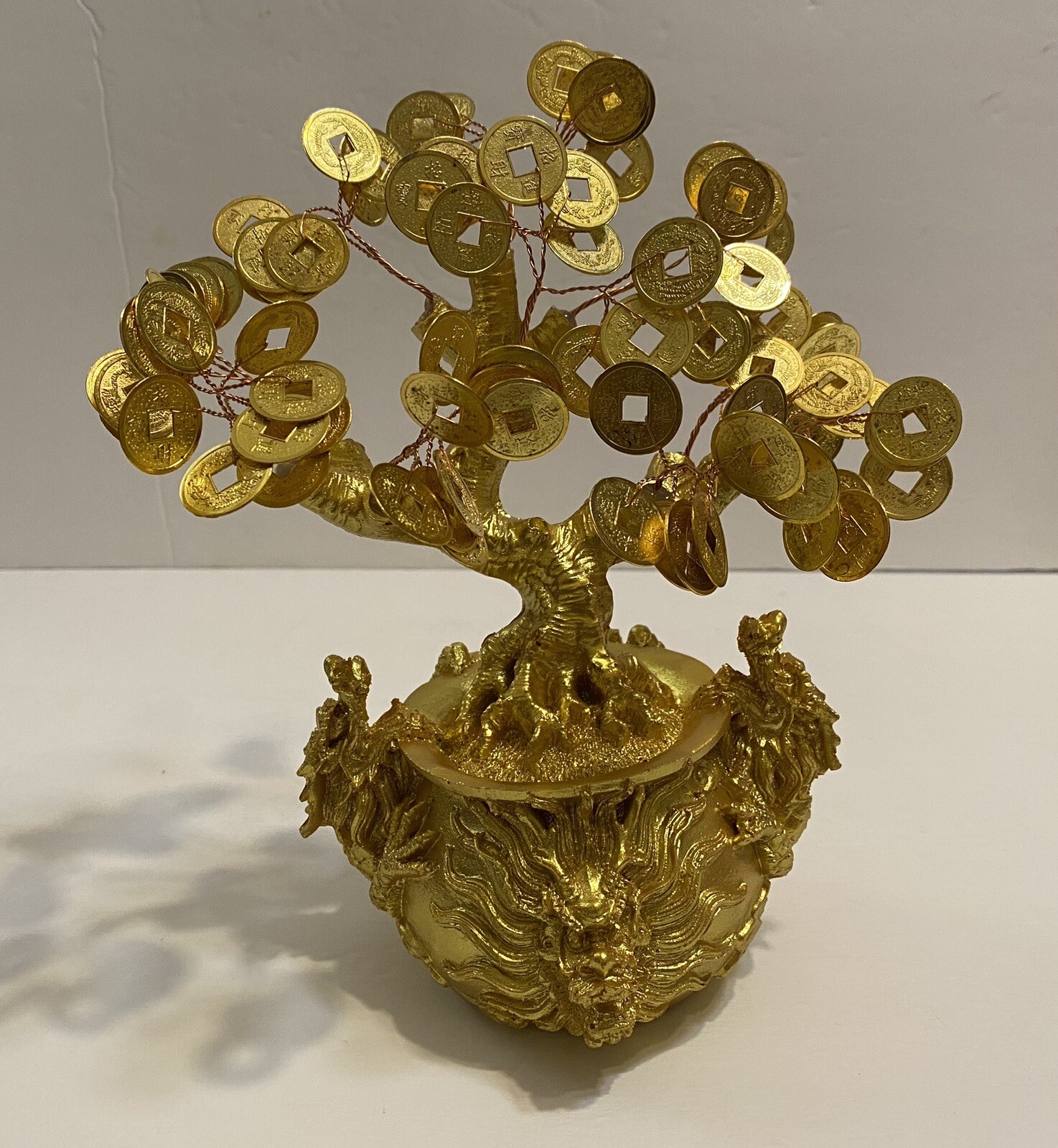 8” Feng Shui Gold Money Coins Tree in Dragon Pot Wealth Blessing Gift US Seller