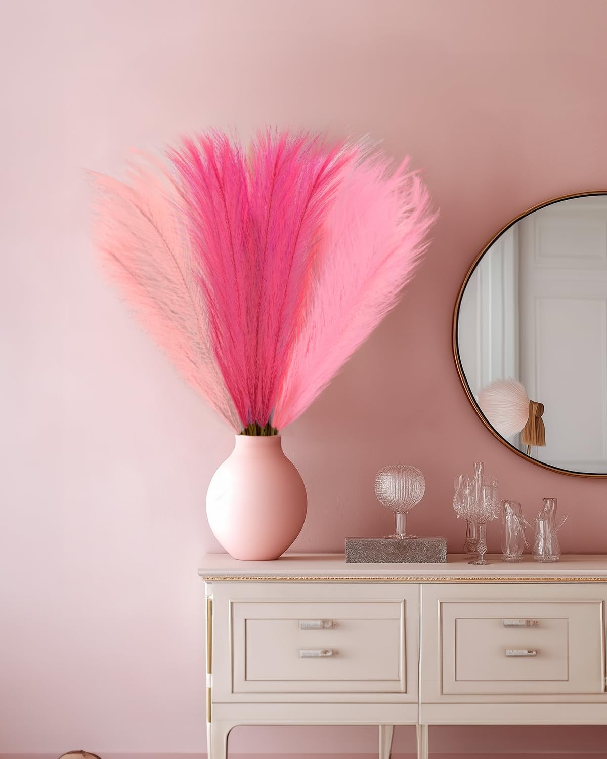 48pcs Pink Faux Pampas Grass Decor, 21.7inch Hot Pink Short Artificial Pompou…