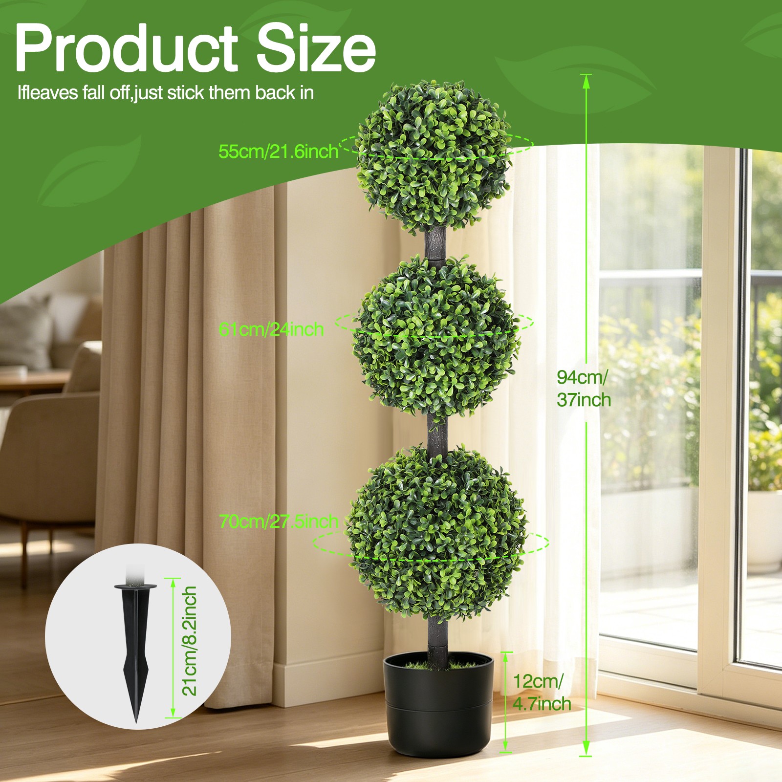 2PCS 3FT Artificial Triple Ball Boxwood Topiary Tree Realistic Faux Greenery