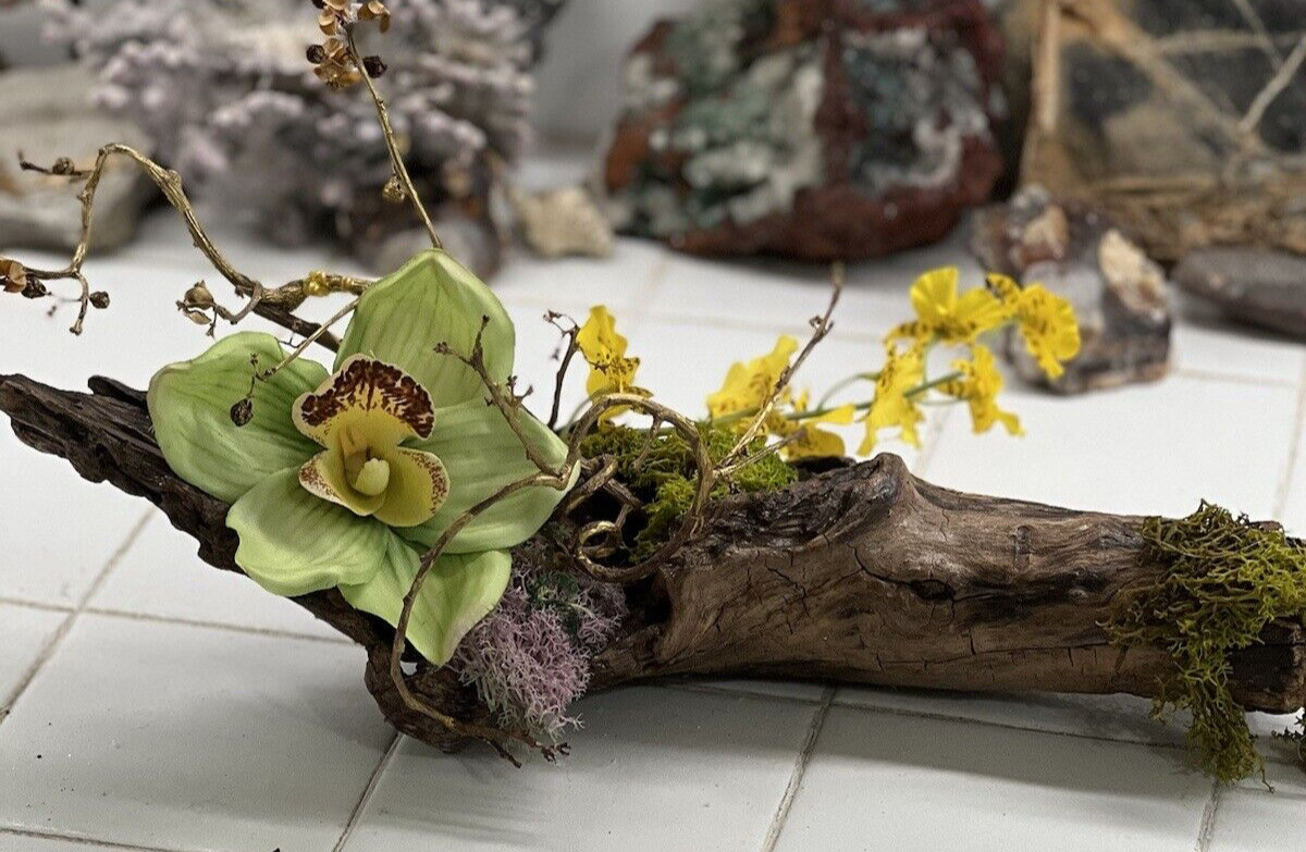 ONE OF A KIND FLORAL ARRANGEMENT REAL WOOD BASE ORCHIDS BITTERSWEET MOSSES