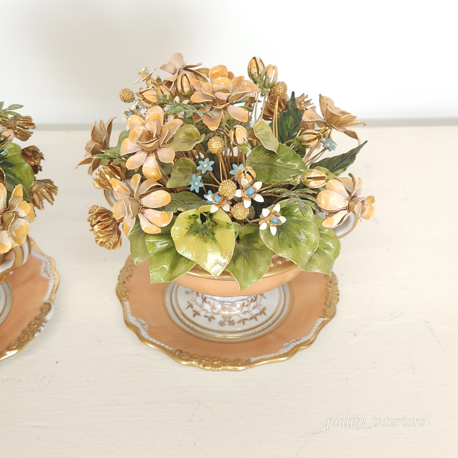 Pair Jane Hutcheson for Gorham Apricot Teacup & Saucer Floral Arrangement