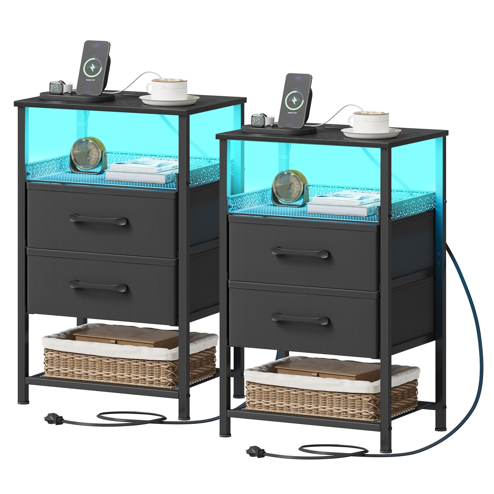 Nightstand Set of 2 with Charging 7.44 x 13.11 x 17.32 inches, Black