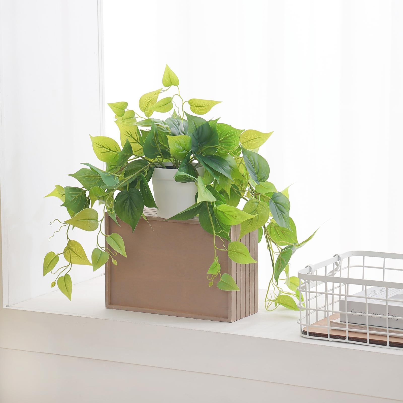 Realistic Artificial Pothos Plant in Pot – Perfect Faux Greenery for Desk, Shelf