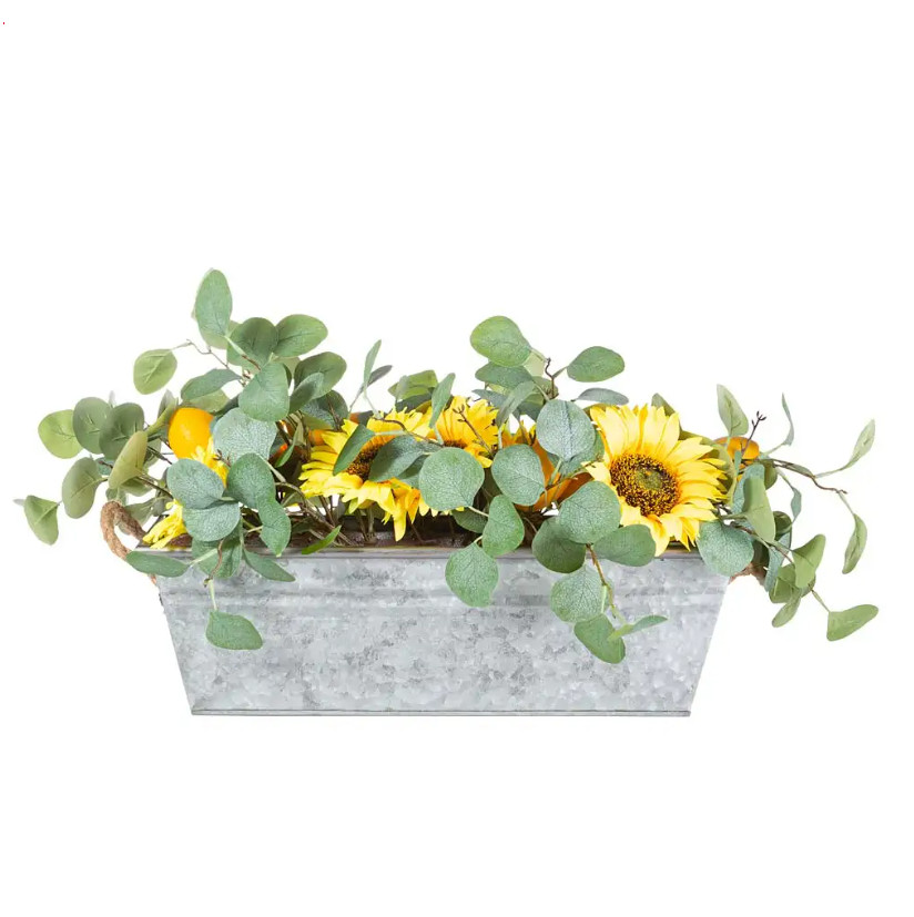 NIB Faux Sunflower, Lemon and Eucalyptus Floral Arrangement in Planter