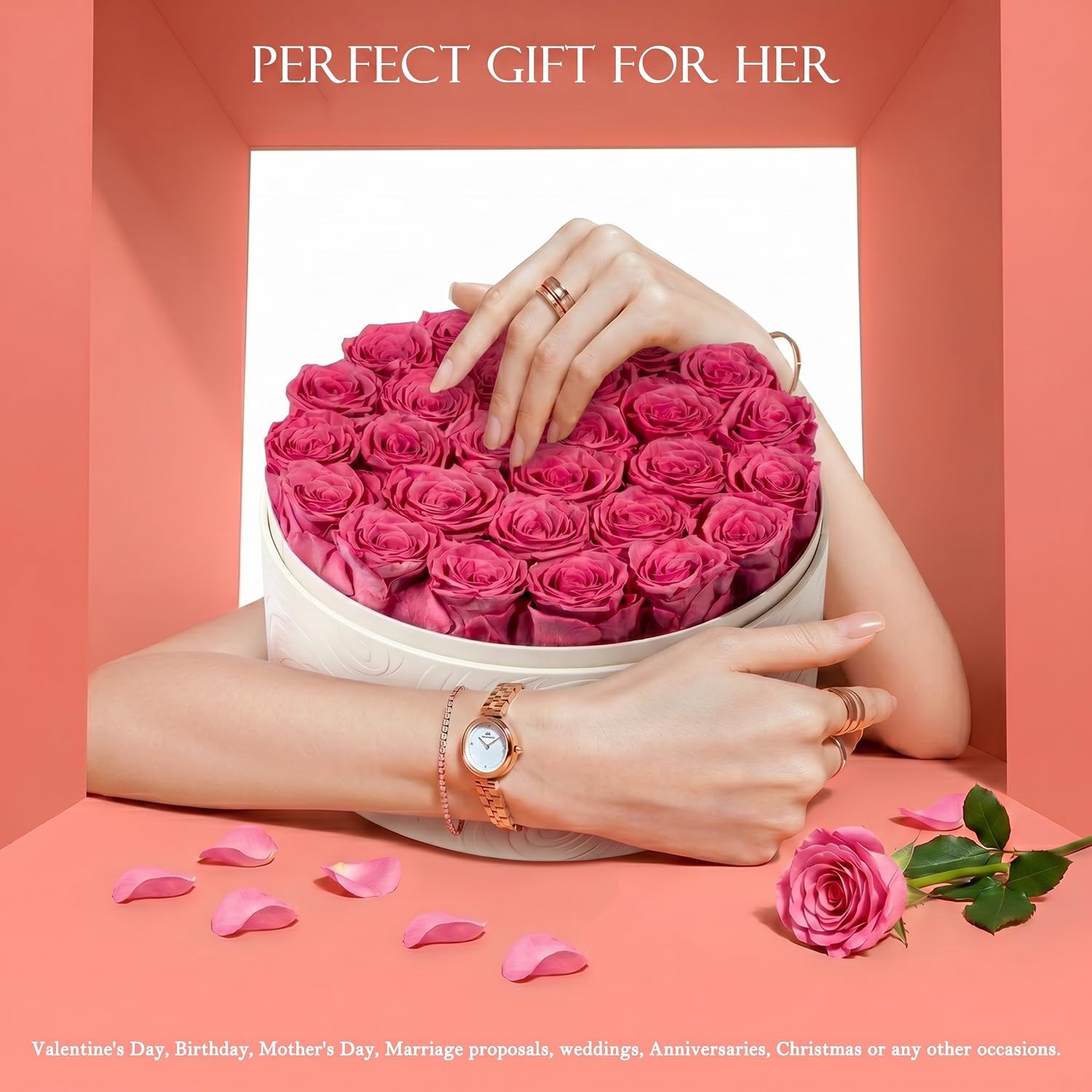 Preserved Roses in Box Forever Flowers Gift Pink White Round Box Preserved
