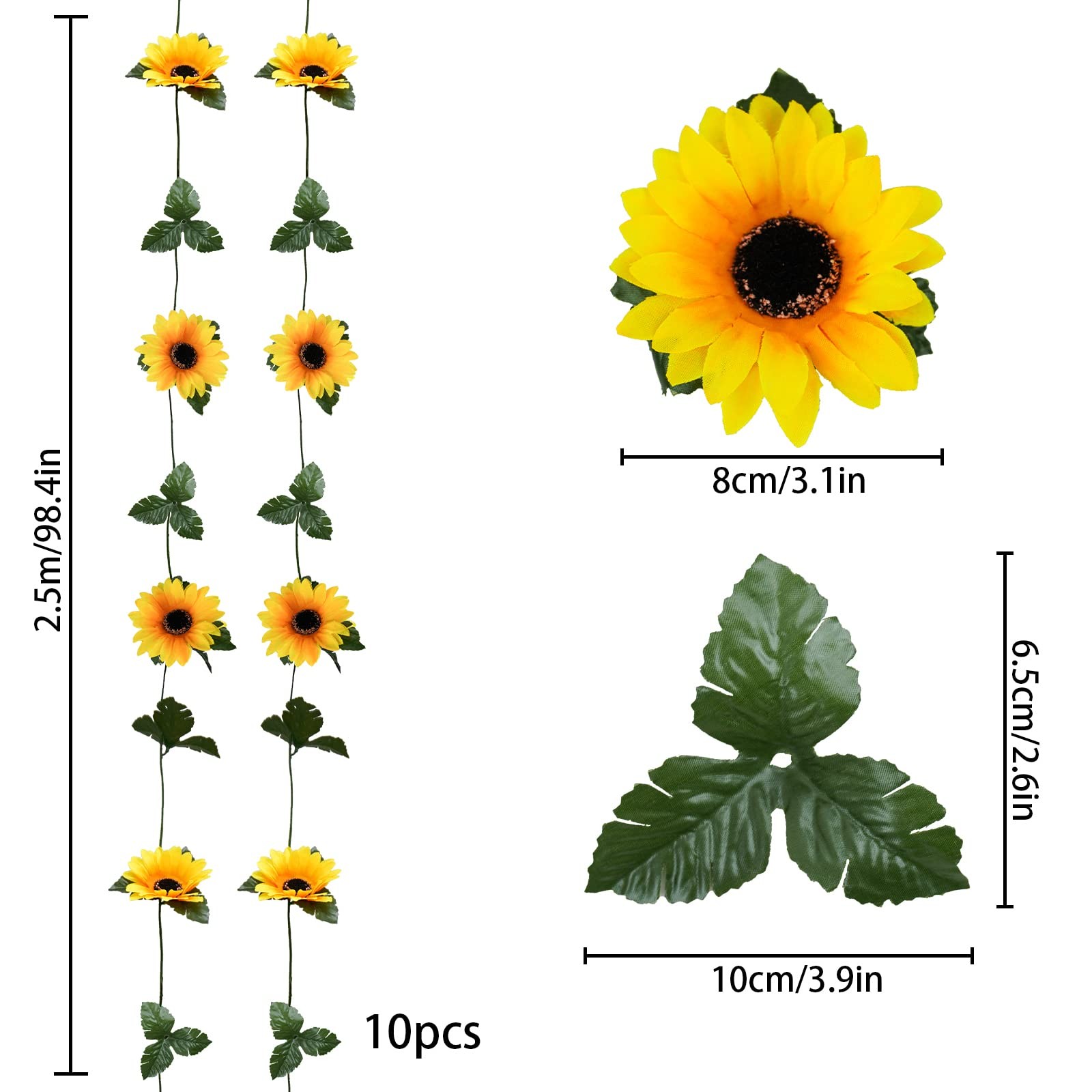 10 Pack Artificial Sunflower Garland, 8.2ft/Pcs Silk Sunflowers with Green Le…