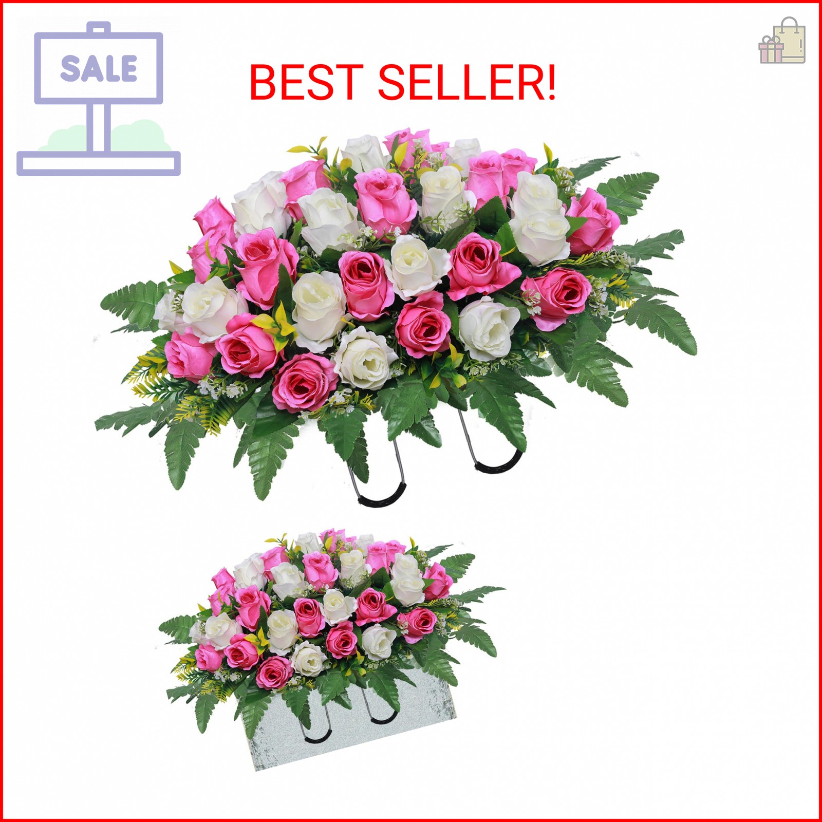 Lodou Artificial Cemetery Flower Saddles, Rose Headstone Flower Saddle Outdoor G