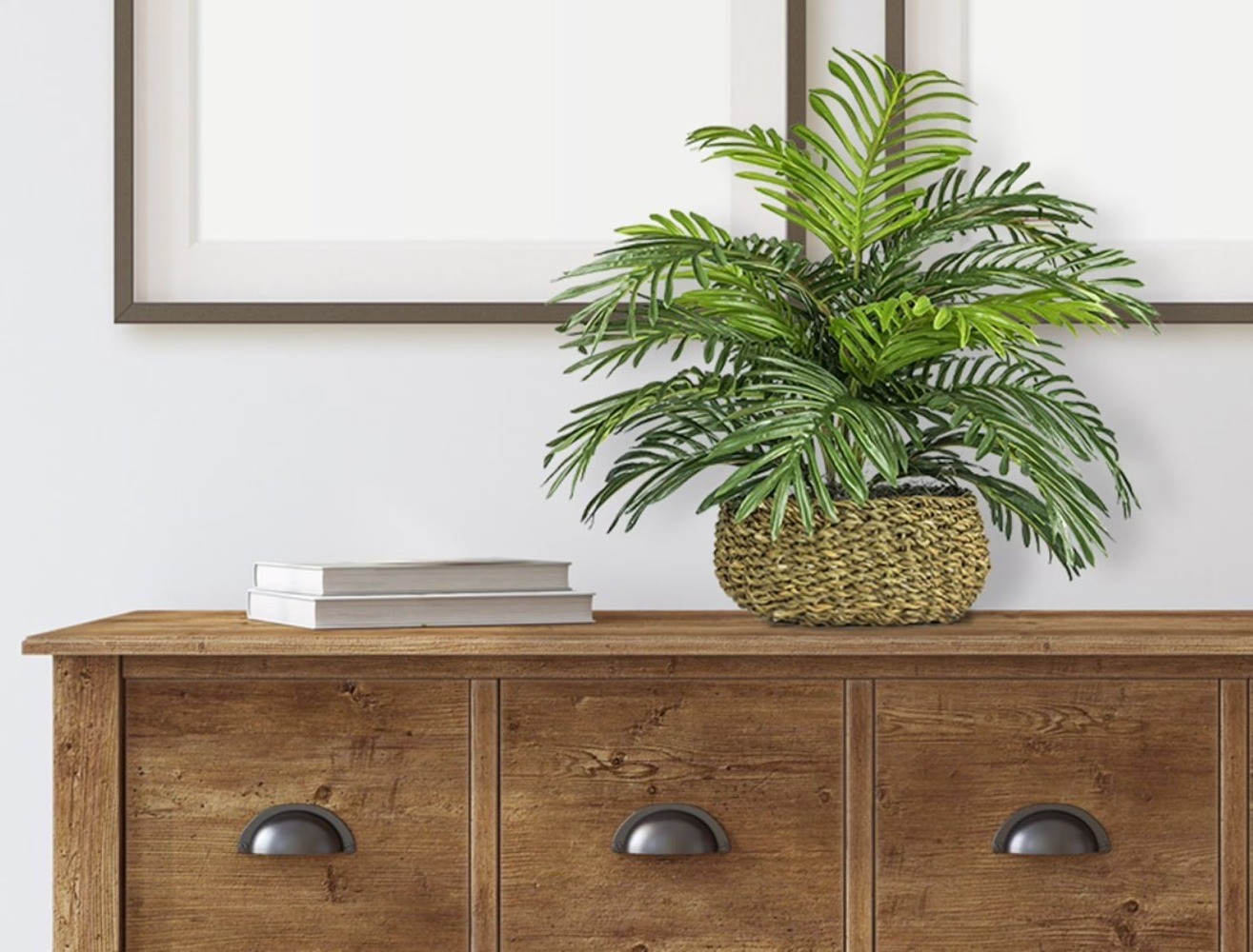 14″ Artificial Palm Plant in Low Round Handwoven Basket by LCG Florals