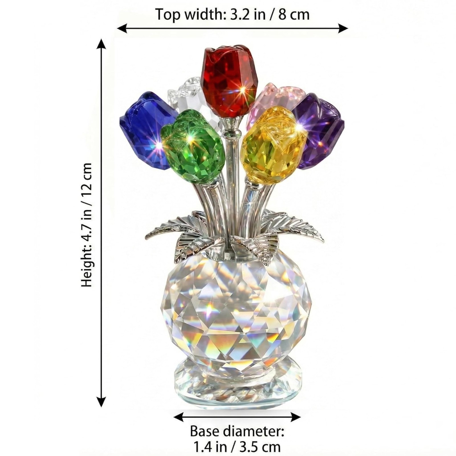 4.7 Inch Crystal Rose Bouquet – 7 Colorful K9 Glass Roses for Home Decor