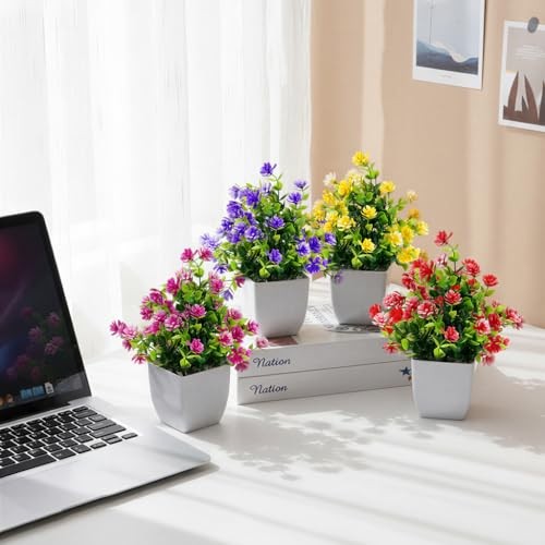 Fake Flowers Packs Artificial Plants Indoor Mini 4 Mix Red Rose Yellow Purple