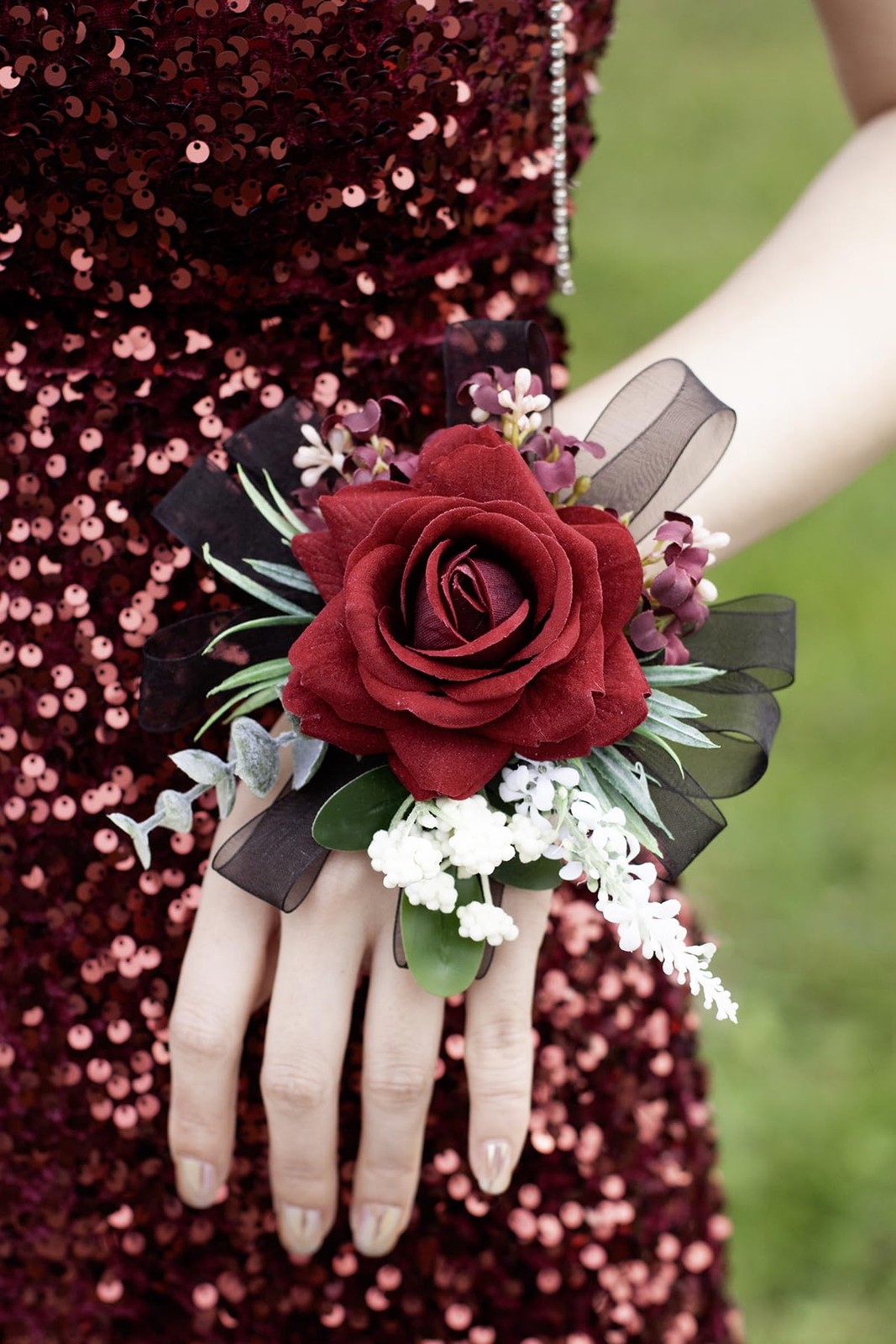 2 PCS Burgundy Black Rose Wrist Corsage Boutonniere Set Wedding Prom Flowers