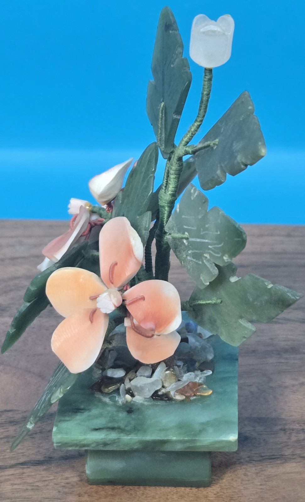 Vintage Jade & Shell Flower Arrangement – Handcrafted Bonsai-Style Floral Sculpt