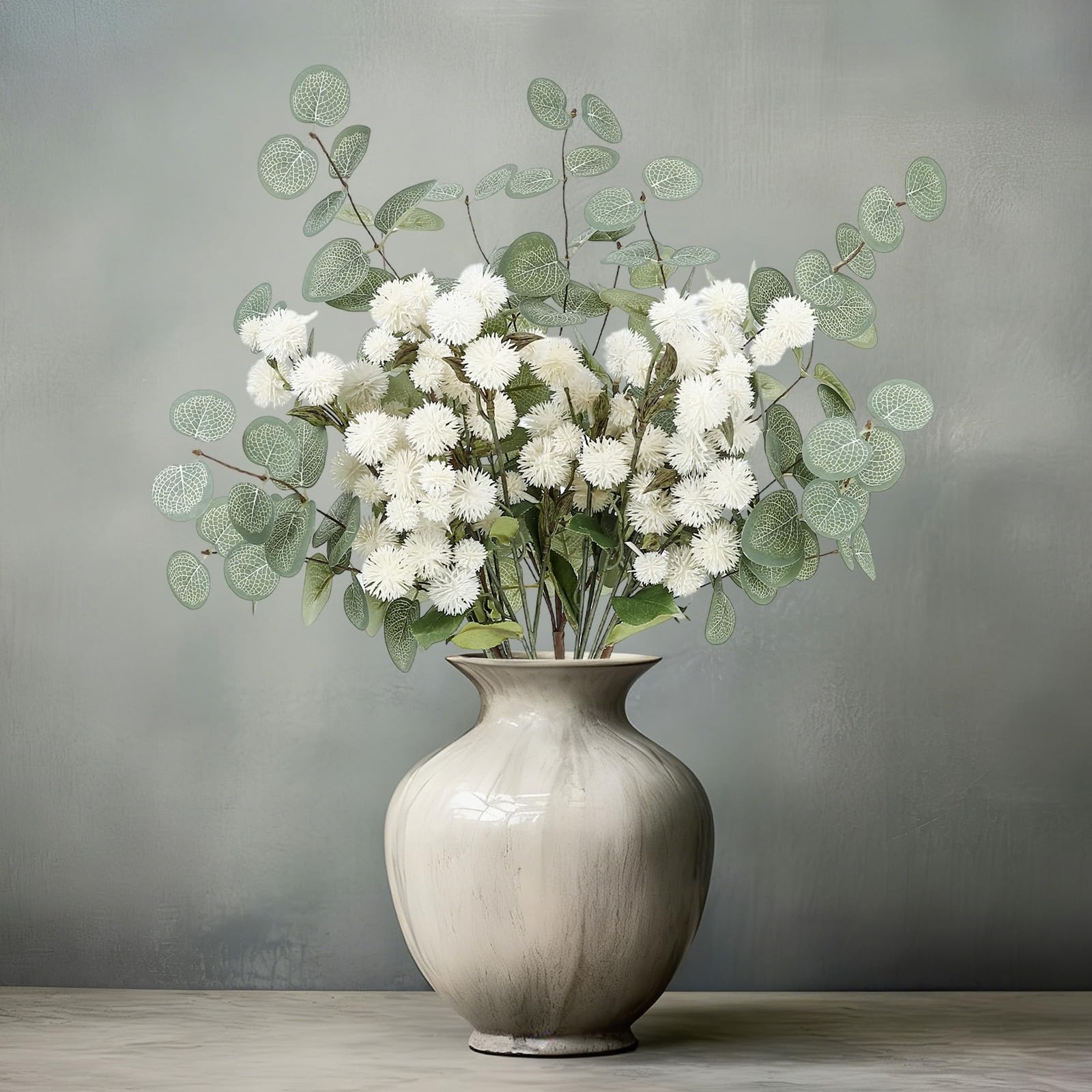 Artificial White Flower Chrysanthemum and Eucalyptus Stems Set,Faux Pom Pom F…