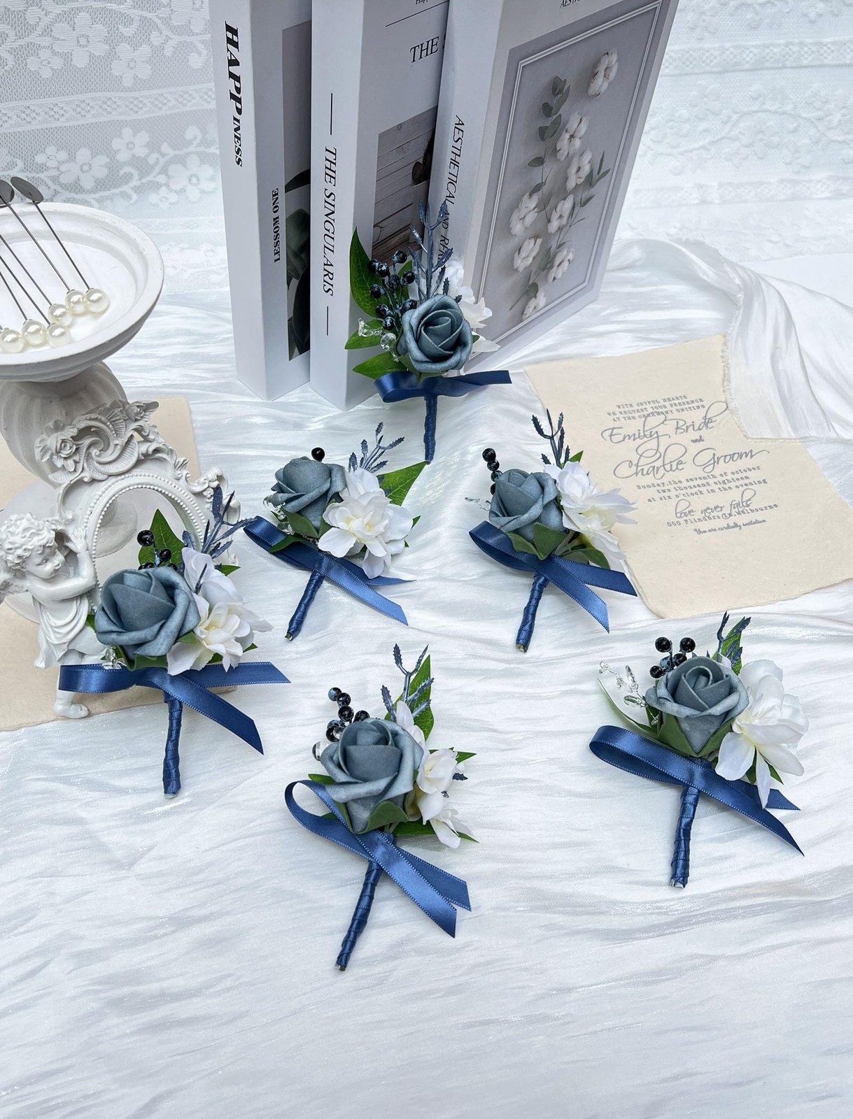 6 PCS Dusty Blue Boutonniere Men Pins Artificial Foam Rose Wedding Prom Decor