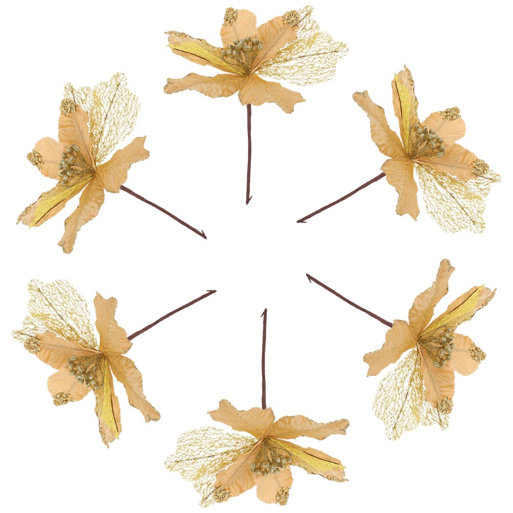 6 Pcs Artificial Flower Cuttings Christmas Glitter Leaf Stems Picks