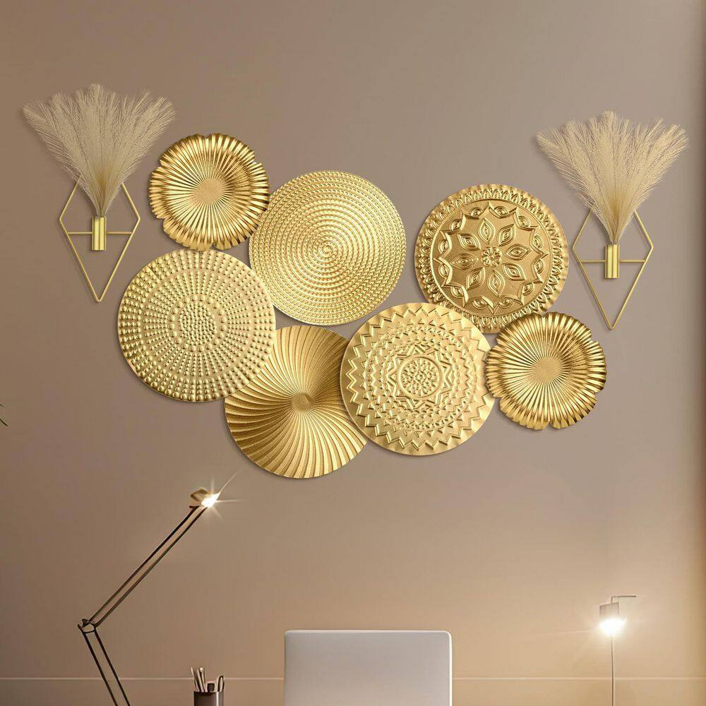 9 Pcs Gold Metal Wall Art Set Artificial Plant Modern Boho Pampas Grass Decor fo