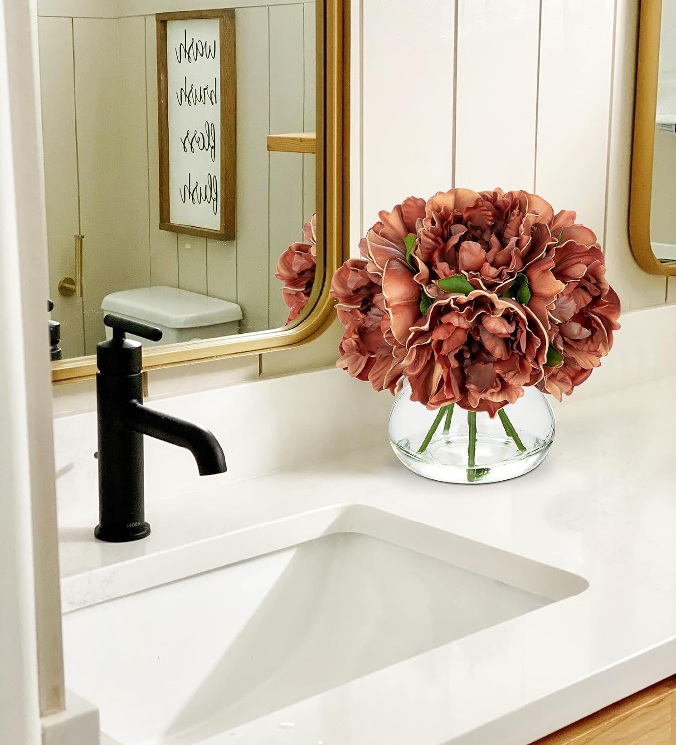 Realistic Faux Peony Arrangement with Vase