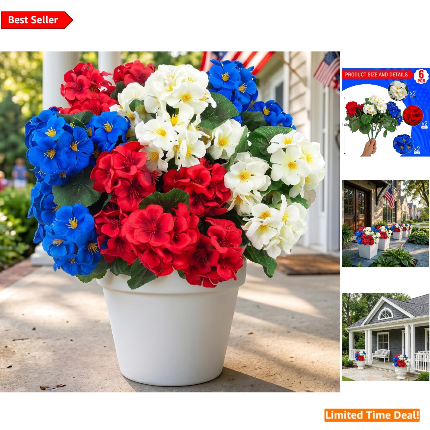 6 Pcs UV Resistant Artificial Geranium Flowers – Patriotic Red, White, and Blue