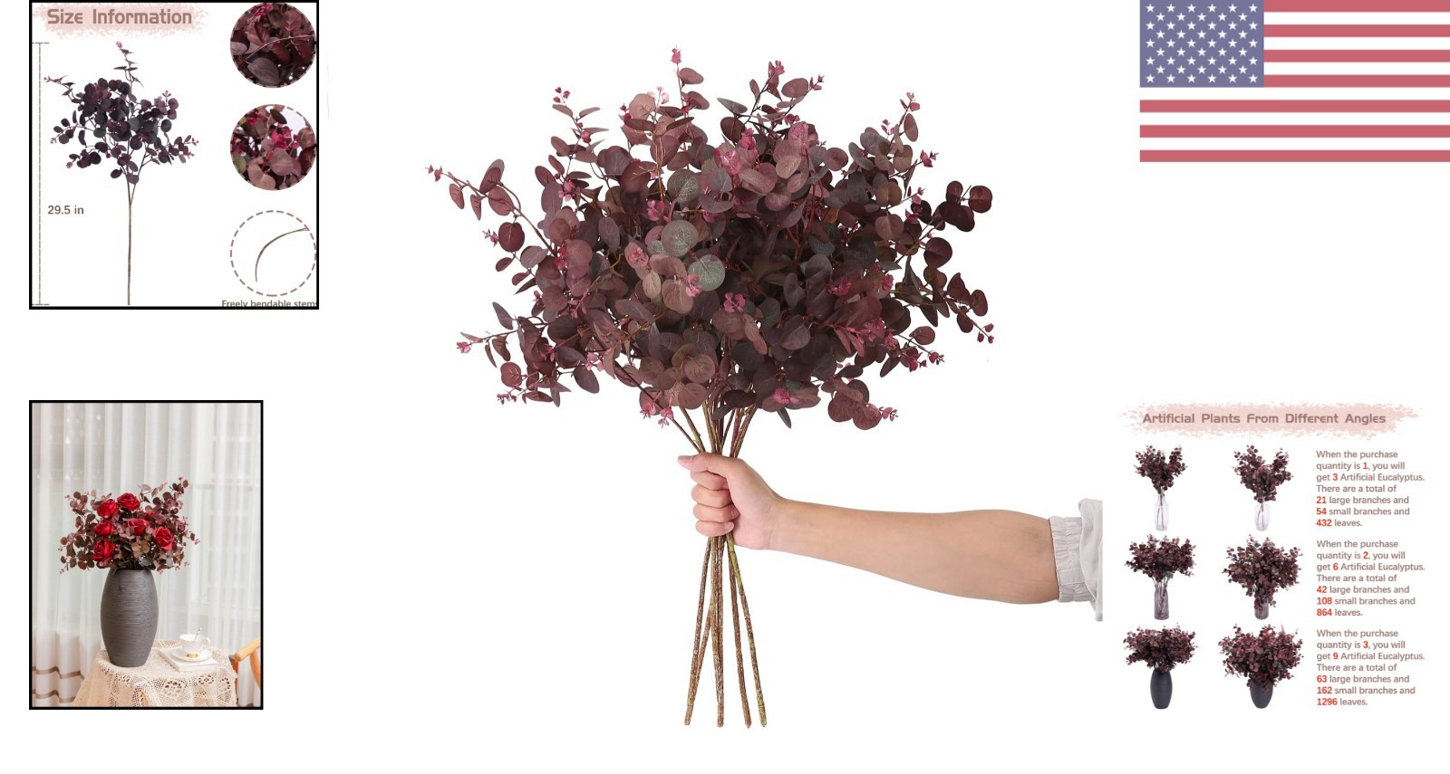 Elegant 3Pcs Wine Red Artificial Eucalyptus Stems – 29″ Indoor & Outdoor Decor