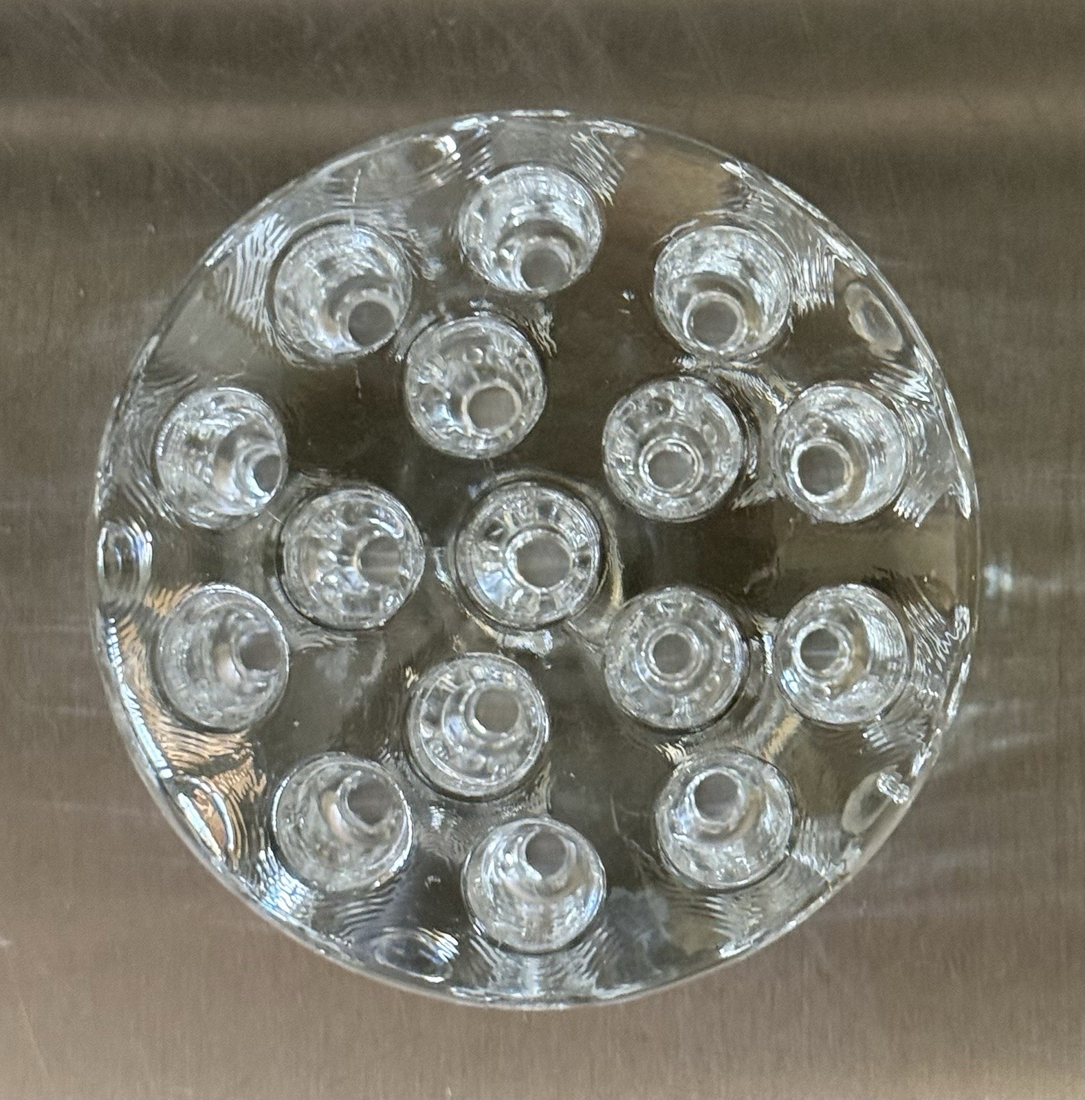 Vintage Thick Heavy Round 16-Hole Glass Flower Frog 3-3/4″ Diameter