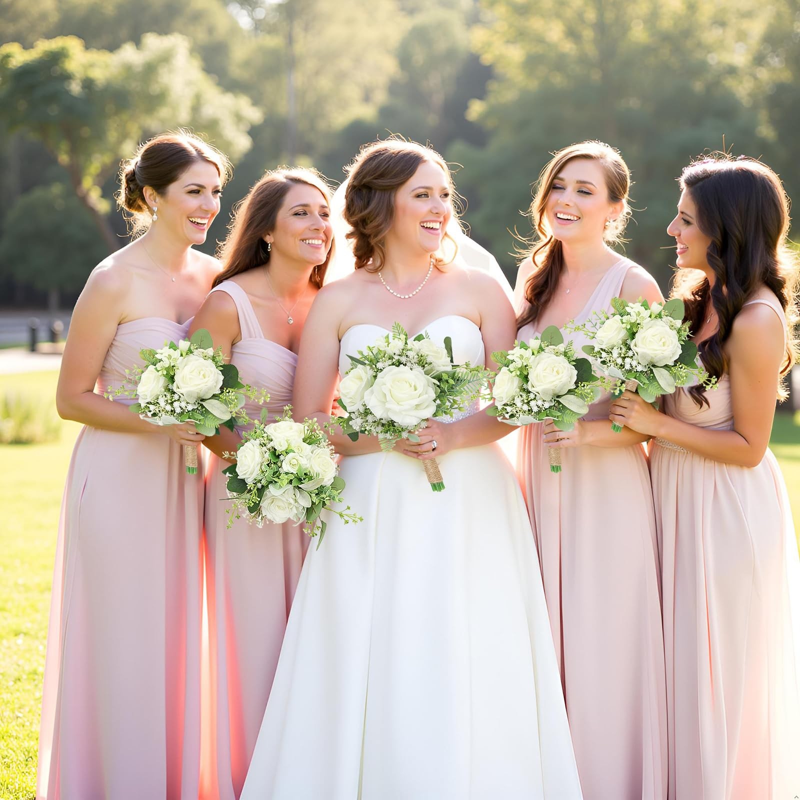 Bridesmaids Bouquets Set of 6 Ivory White Artificial Flowers 7 Inch Bridesmai…