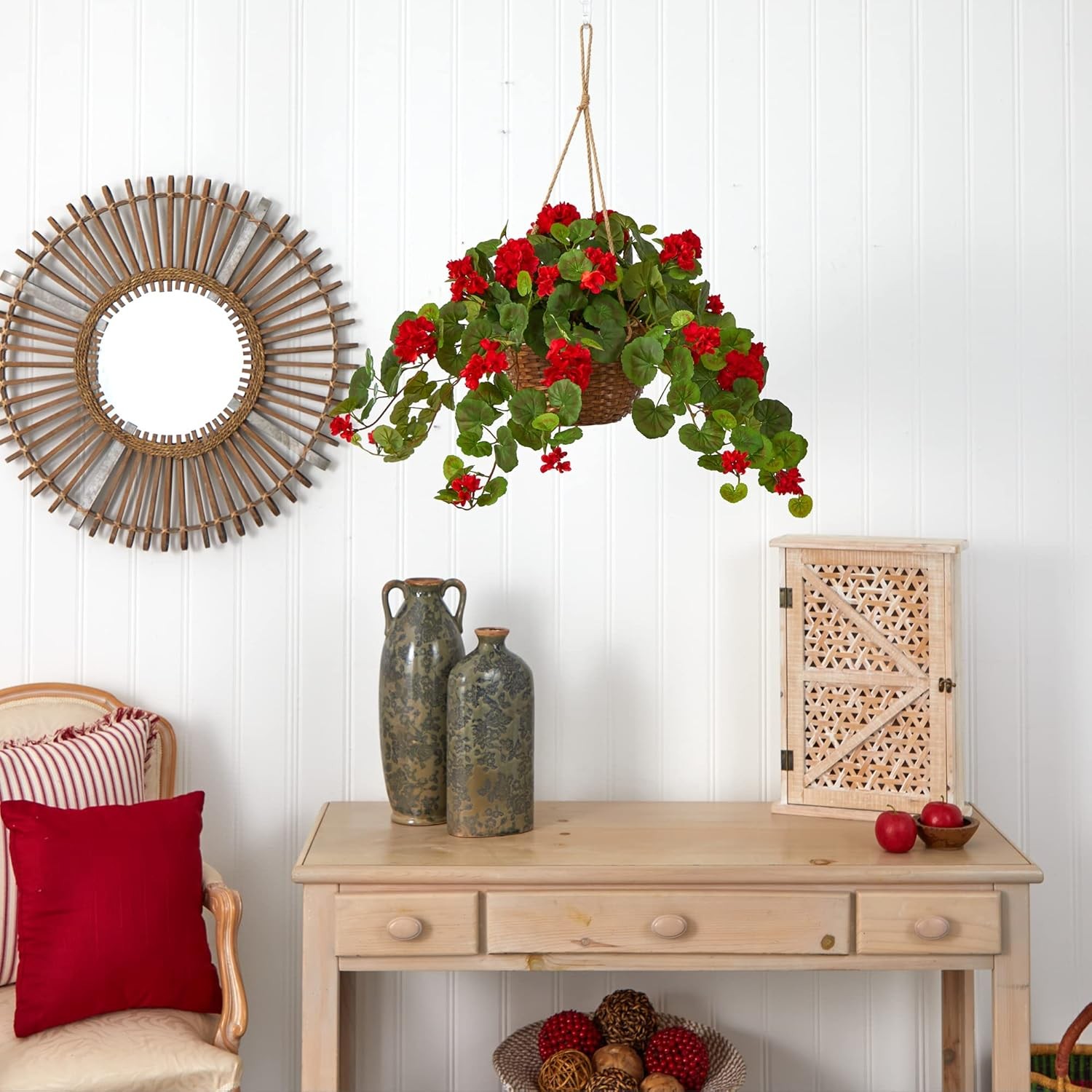 Nearly Natural 24in Artificial Geranium Hanging Basket Faux Floral Plant for Ind