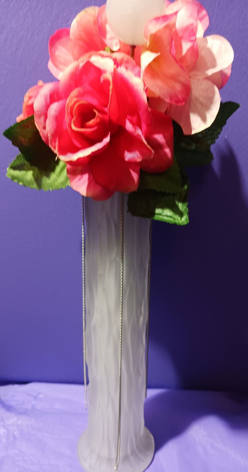 Artificial Flower Arrangement White Glass Vase W/ Silver Chain Valentines Day