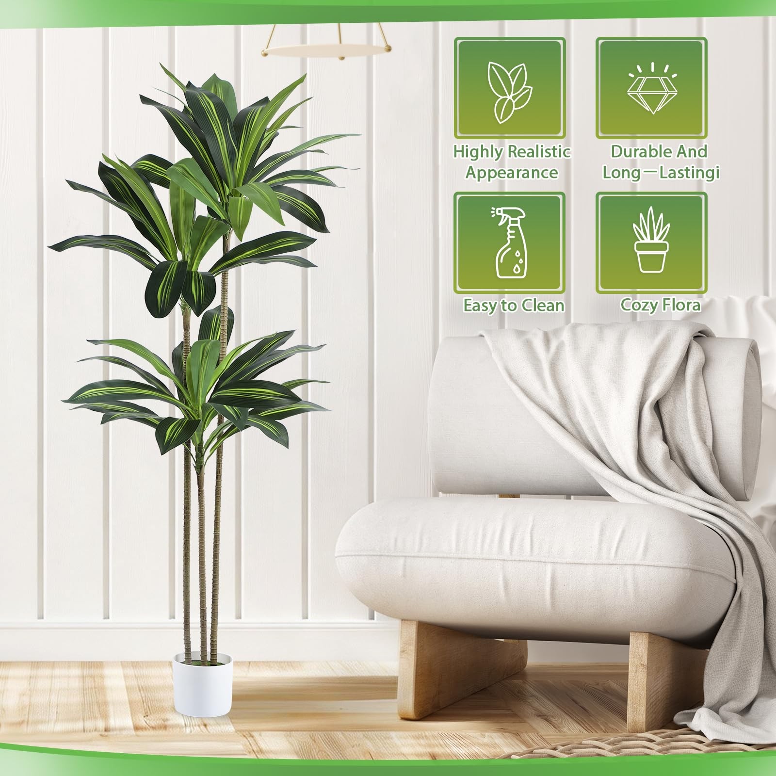 Artificial Dracaena Tree 5FT Fake Plant with White Small Planter Faux Silk Ta…