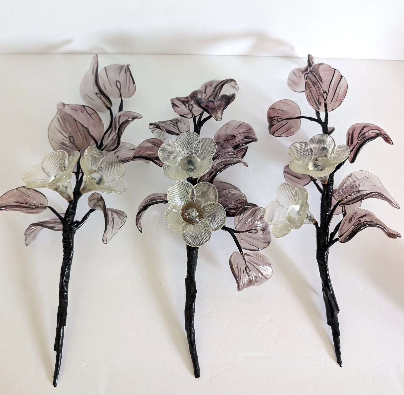 Vintage Hand Blown Glass Smoky Amethyst Flower Branches Set Of 3 Stalks MCM 15″