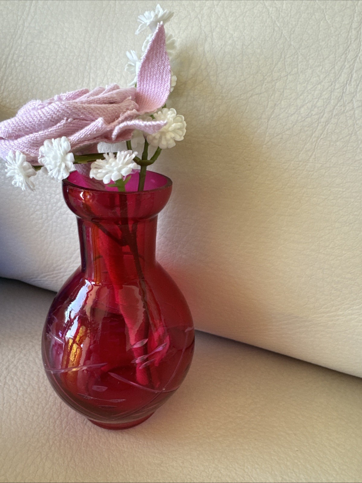 Five Small Upcycled 3 1/2” Vases With Coordinating Colors Handmade Denim Roses