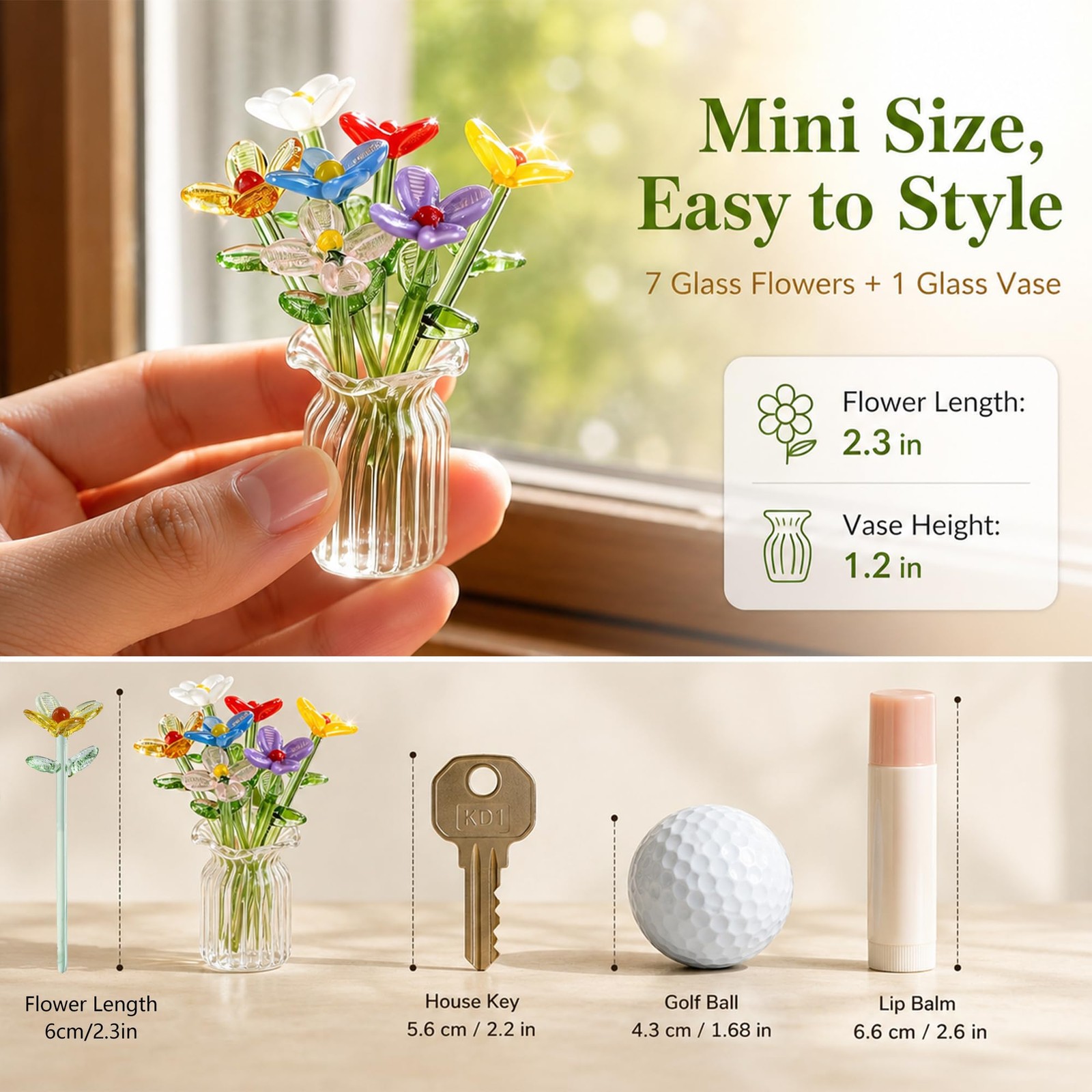 7 Pcs Blown Glass Flower Bouquet with Vase Mini Crystal Artificial Flowers fo…