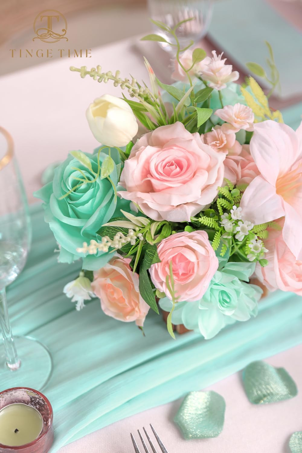 Set of 2 Large Mint Green & Pink Artificial Flower Centerpieces for Weddings