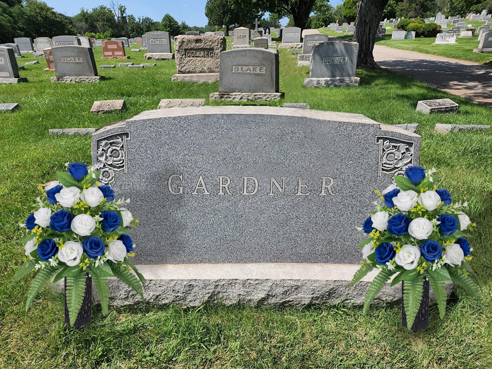 Dark Blue White Artificial Silk Rose Cemetery Grave Flowers 2 Bouquets